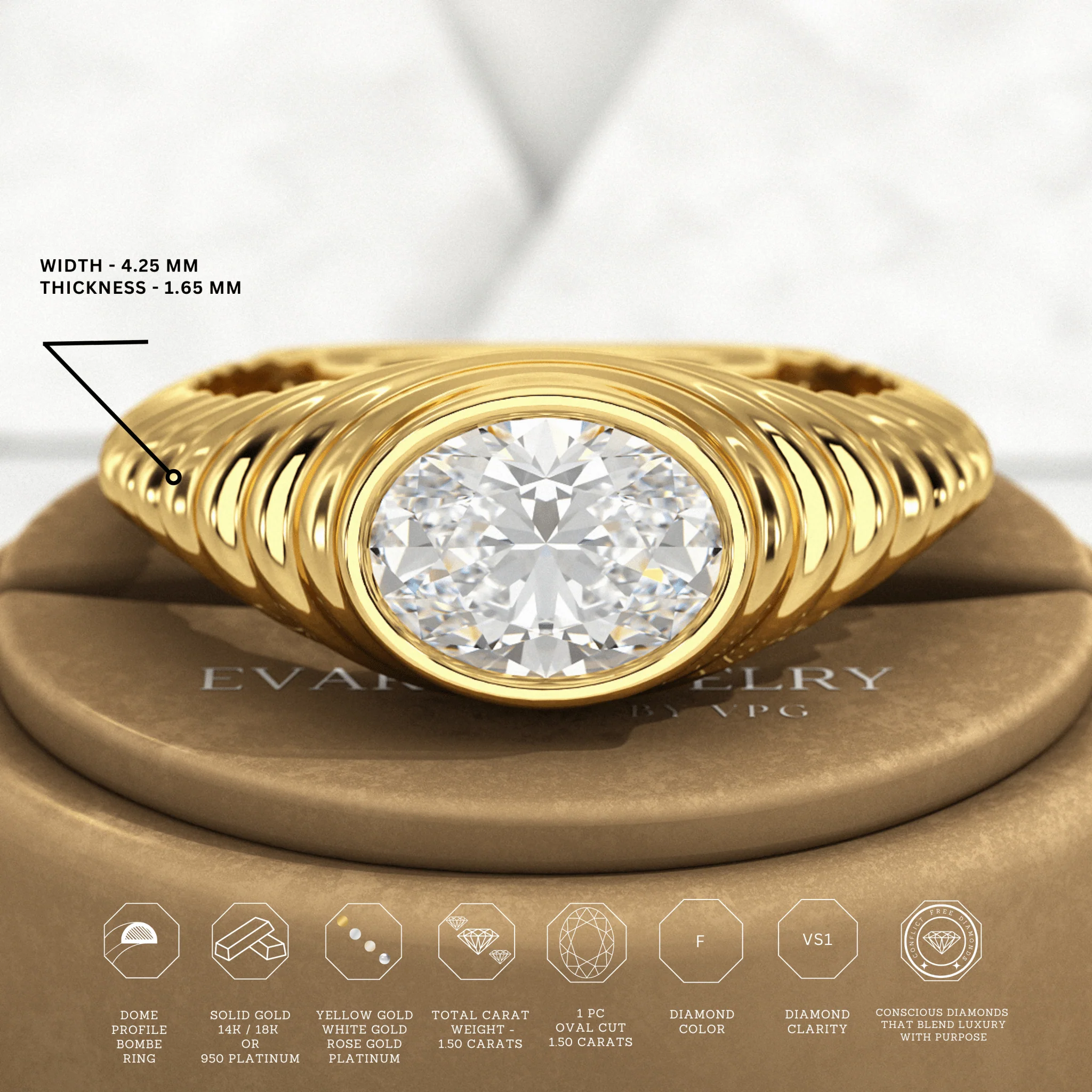 1.50 Carat Oval Cut Diamond Chunky Bombe Signet Ring - Image 3