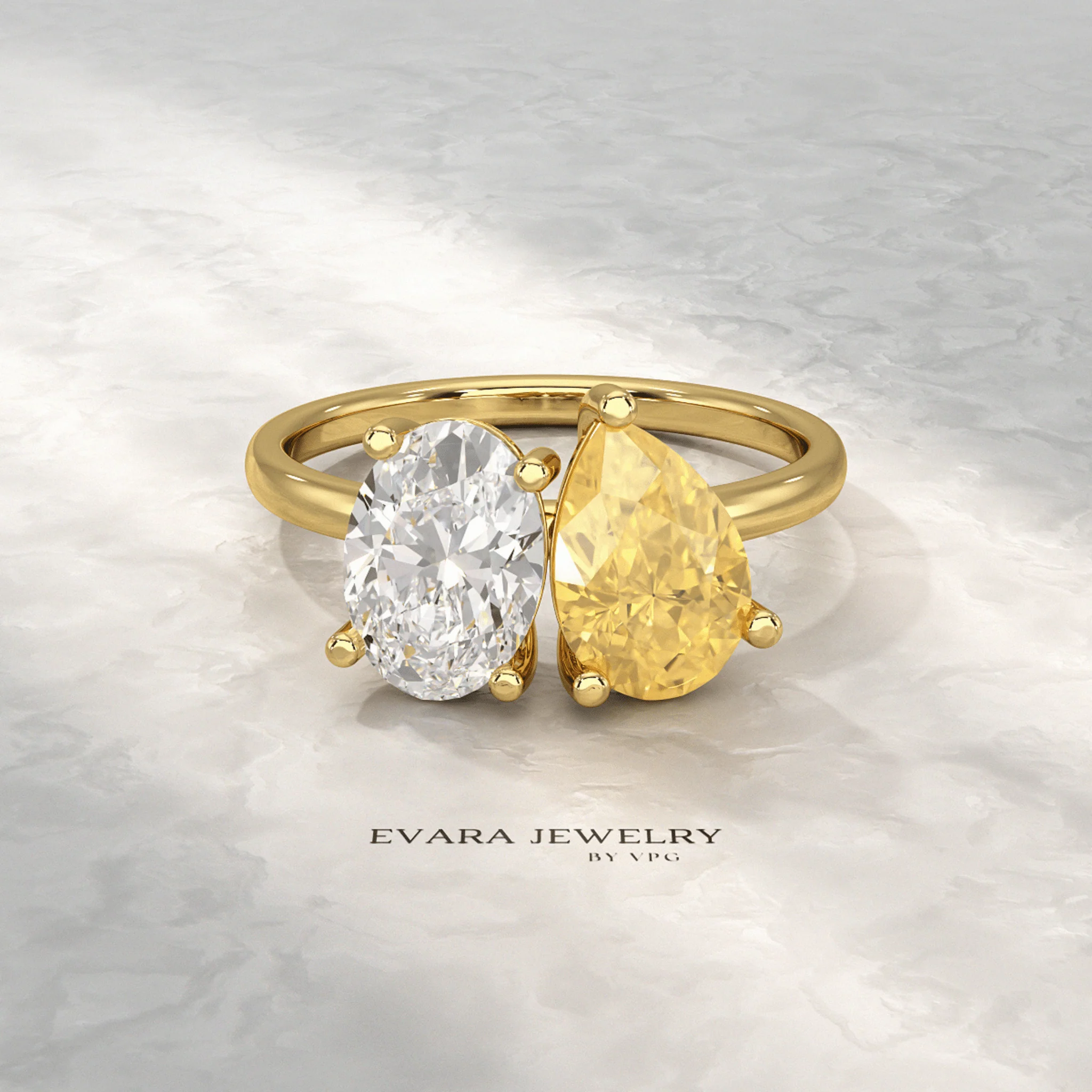2.25 Carat Oval Diamond & Pear Cut Intense Yellow Diamond Toi Et Moi Two Stone Ring - Image 3