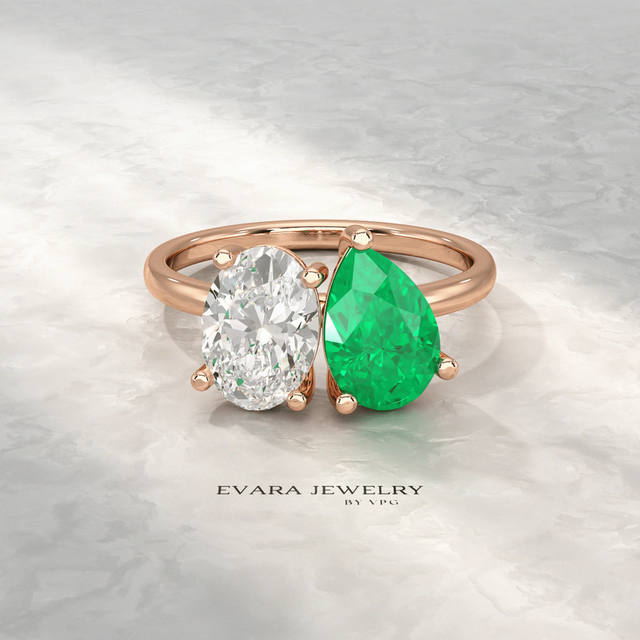 2.30 Carat Oval Cut Diamond & Pear Cut Emerald Toi Et Moi Two Stone Ring - Image 7