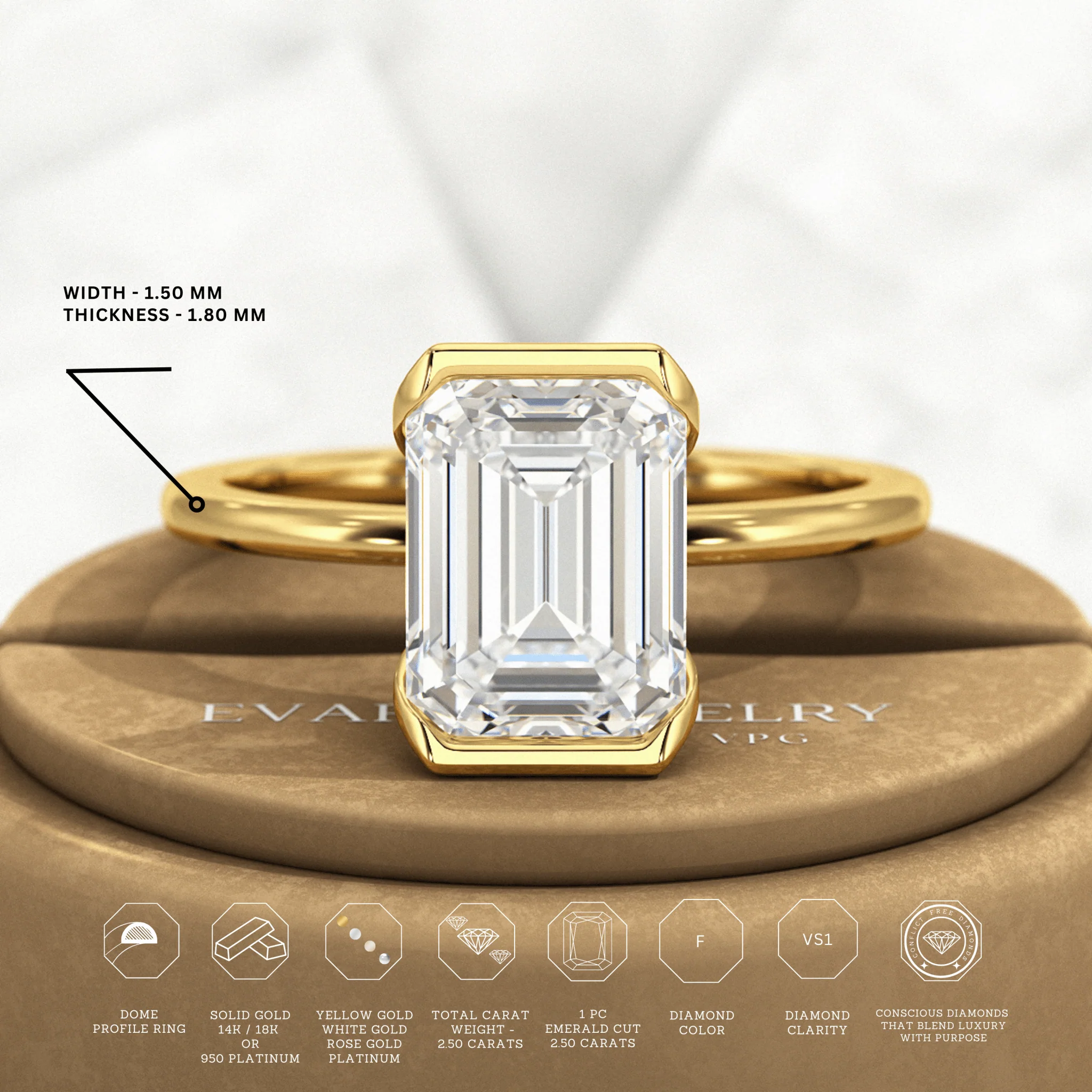 2.50 Carat Emerald Cut Half Bezel Engagement Ring - Image 3