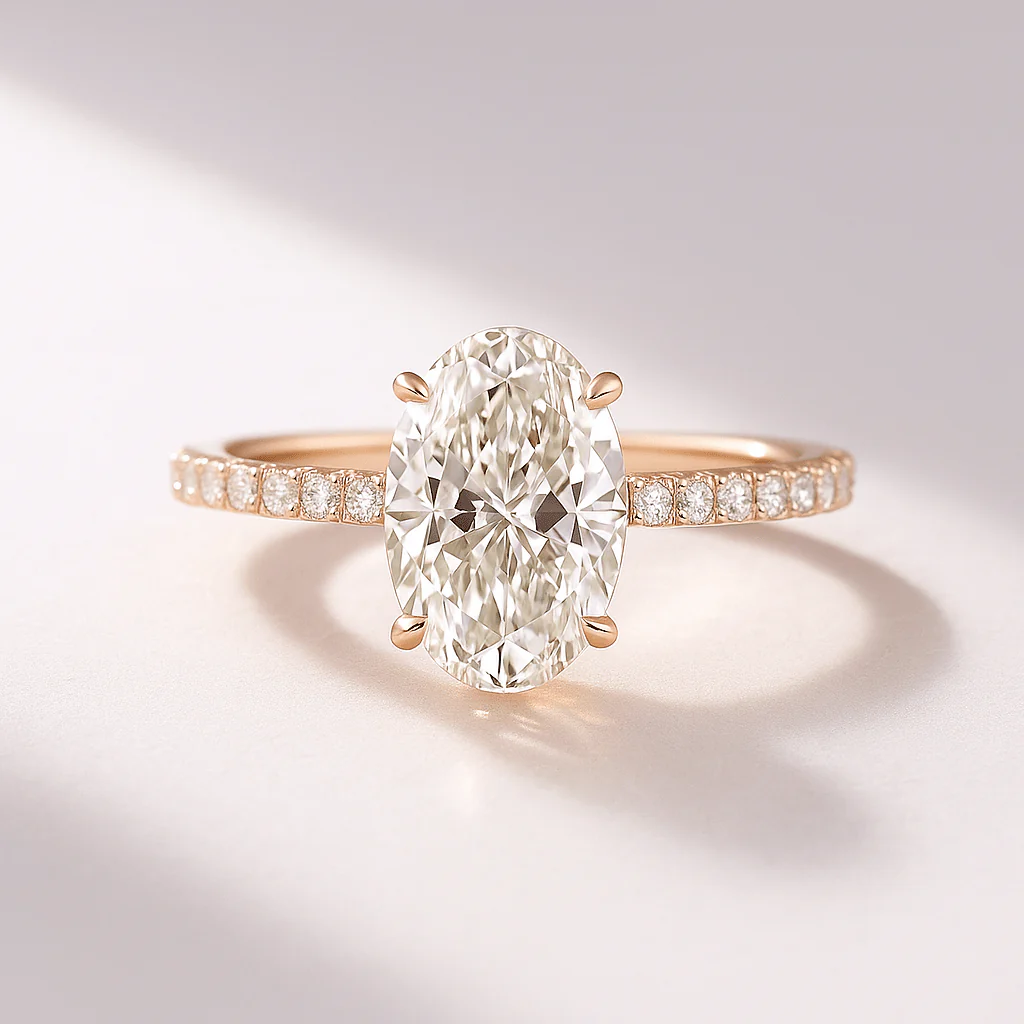 2.50 Carat Oval Cut Prong Set Lab Grown Diamond Engagement Ring with Pave Diamond Band - Image 14