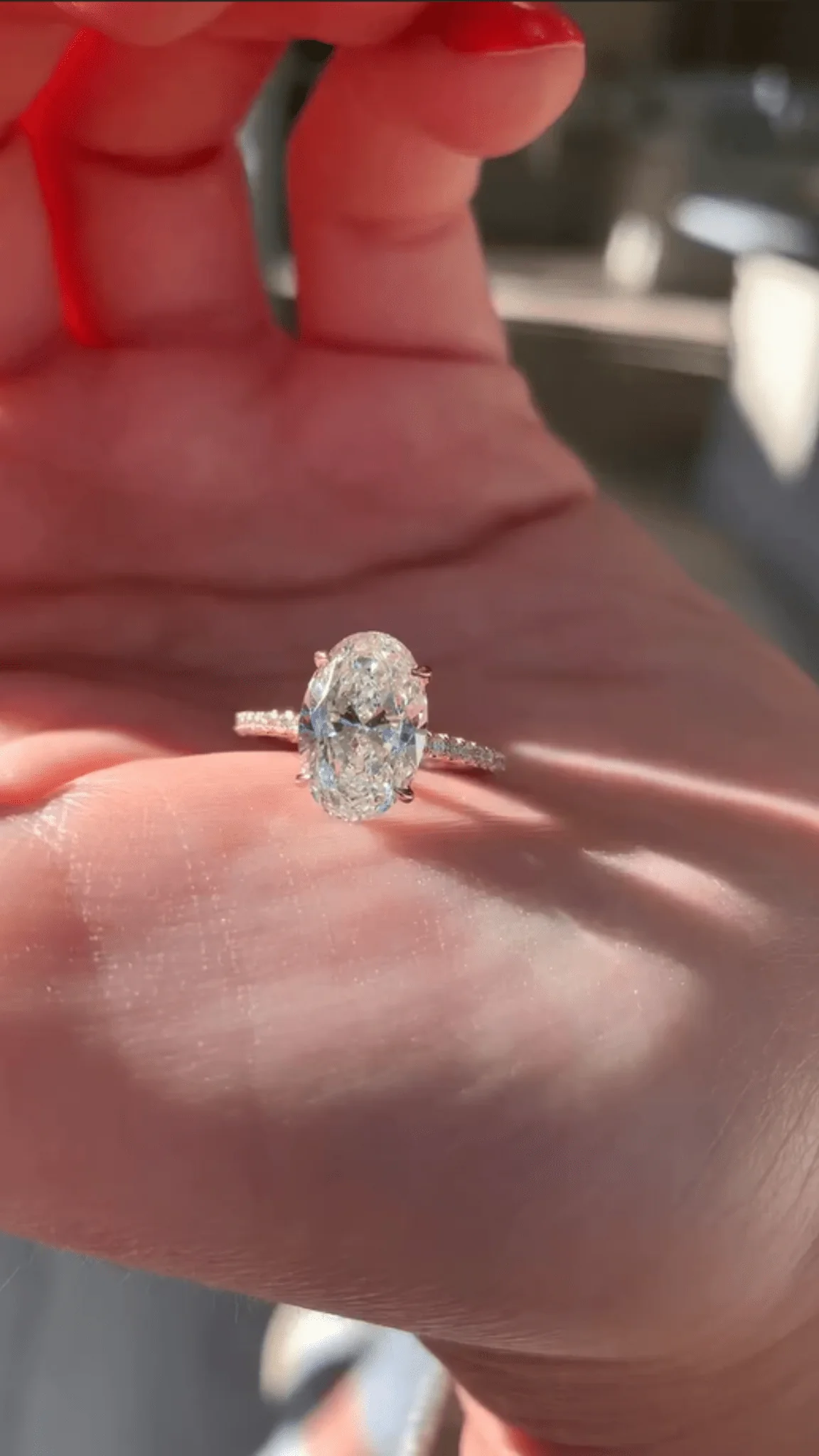 2.50 Carat Oval Cut Prong Set Lab Grown Diamond Engagement Ring with Pave Diamond Band - Image 3