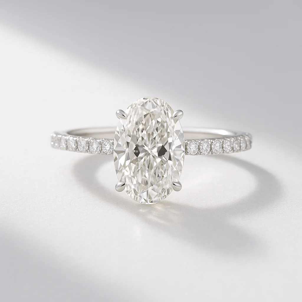 2.50 Carat Oval Cut Prong Set Lab Grown Diamond Engagement Ring with Pave Diamond Band - Image 7