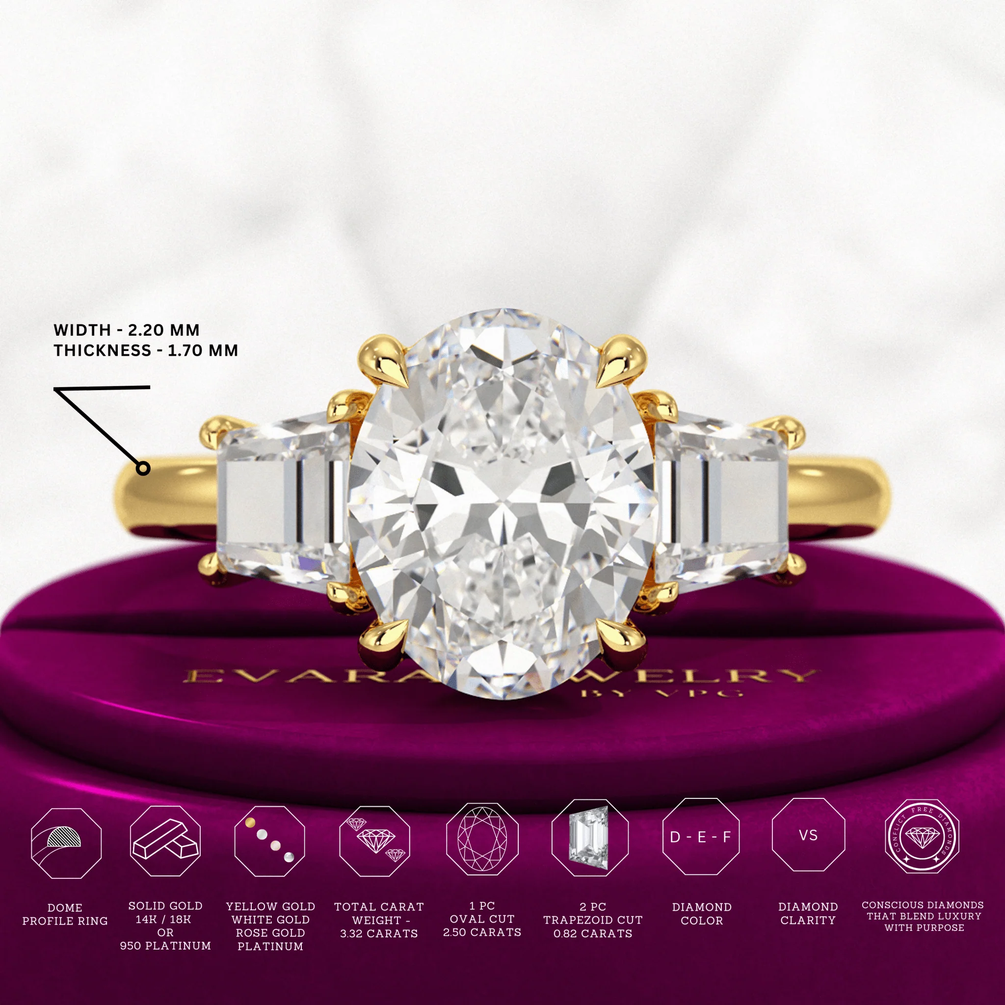 2.50 Carat Oval Diamond Three Stone Engagement Ring - Image 3