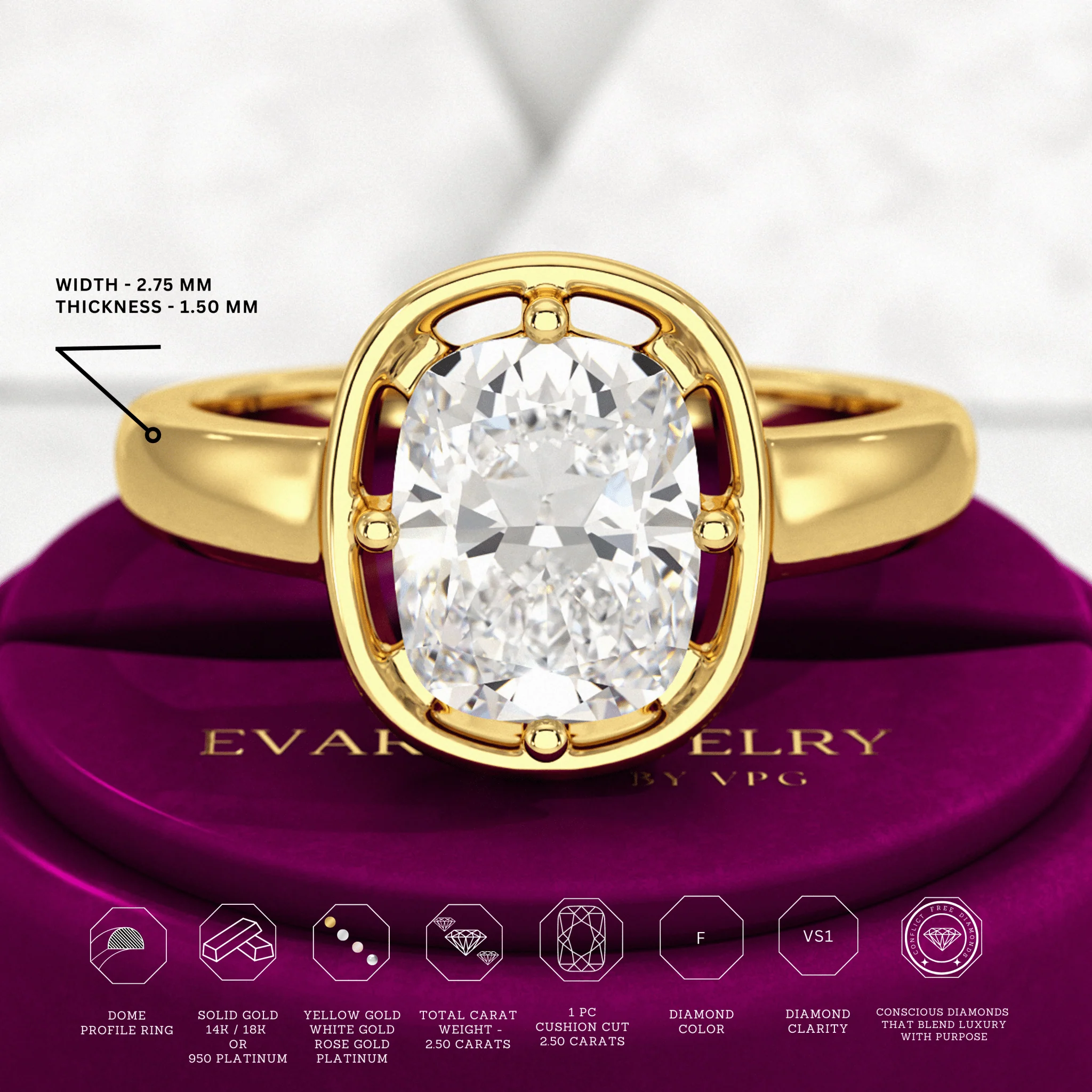 2.50 Carat Elongated Cushion Cut Diamond Minimalist Engagement Ring - Image 4