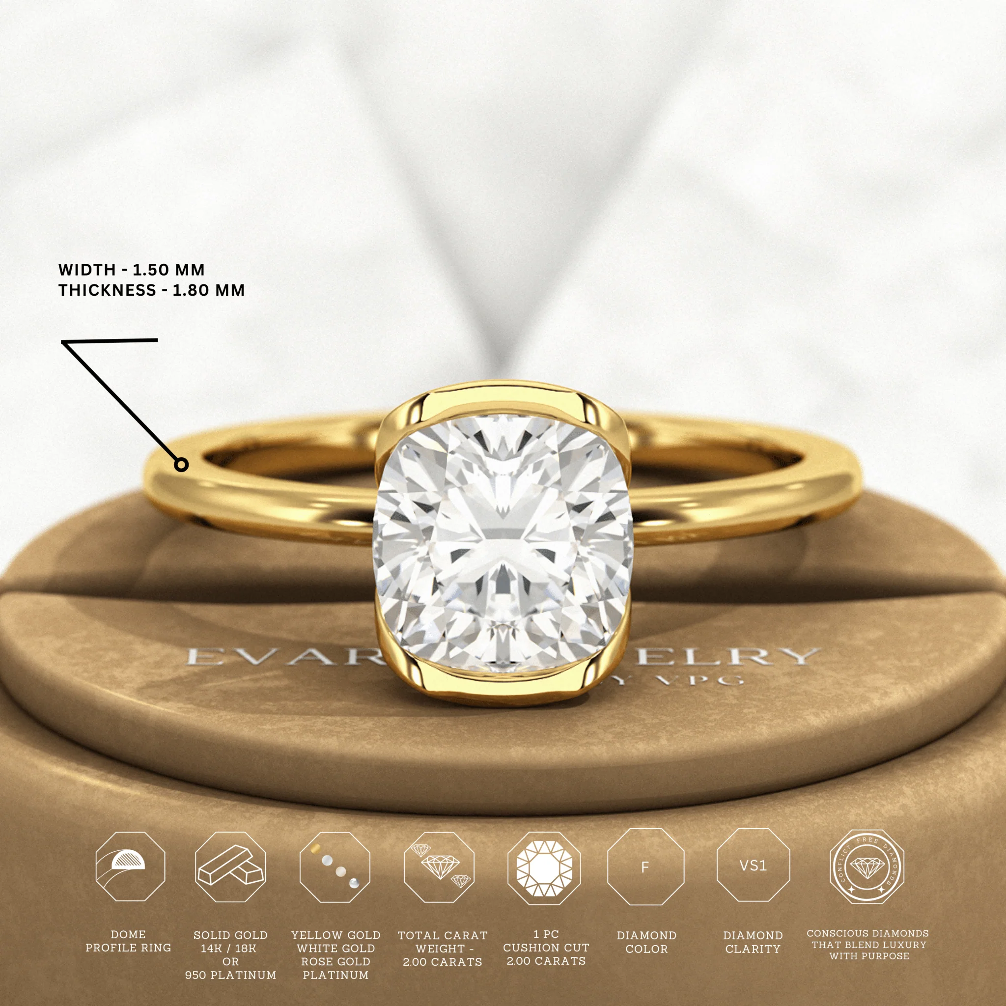 2 Carat Cushion Cut Diamond Half Bezel Set Engagement Ring - Image 3