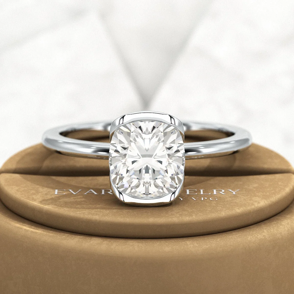 2 Carat Cushion Cut Diamond Half Bezel Set Engagement Ring - Image 8