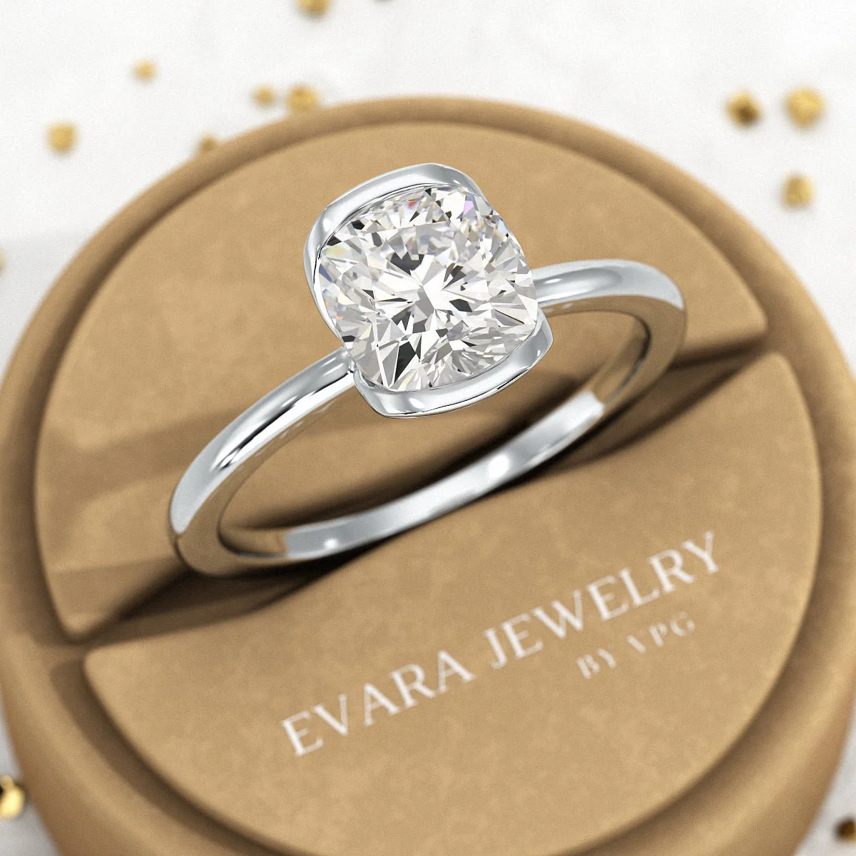 2 Carat Cushion Cut Diamond Half Bezel Set Engagement Ring - Image 9