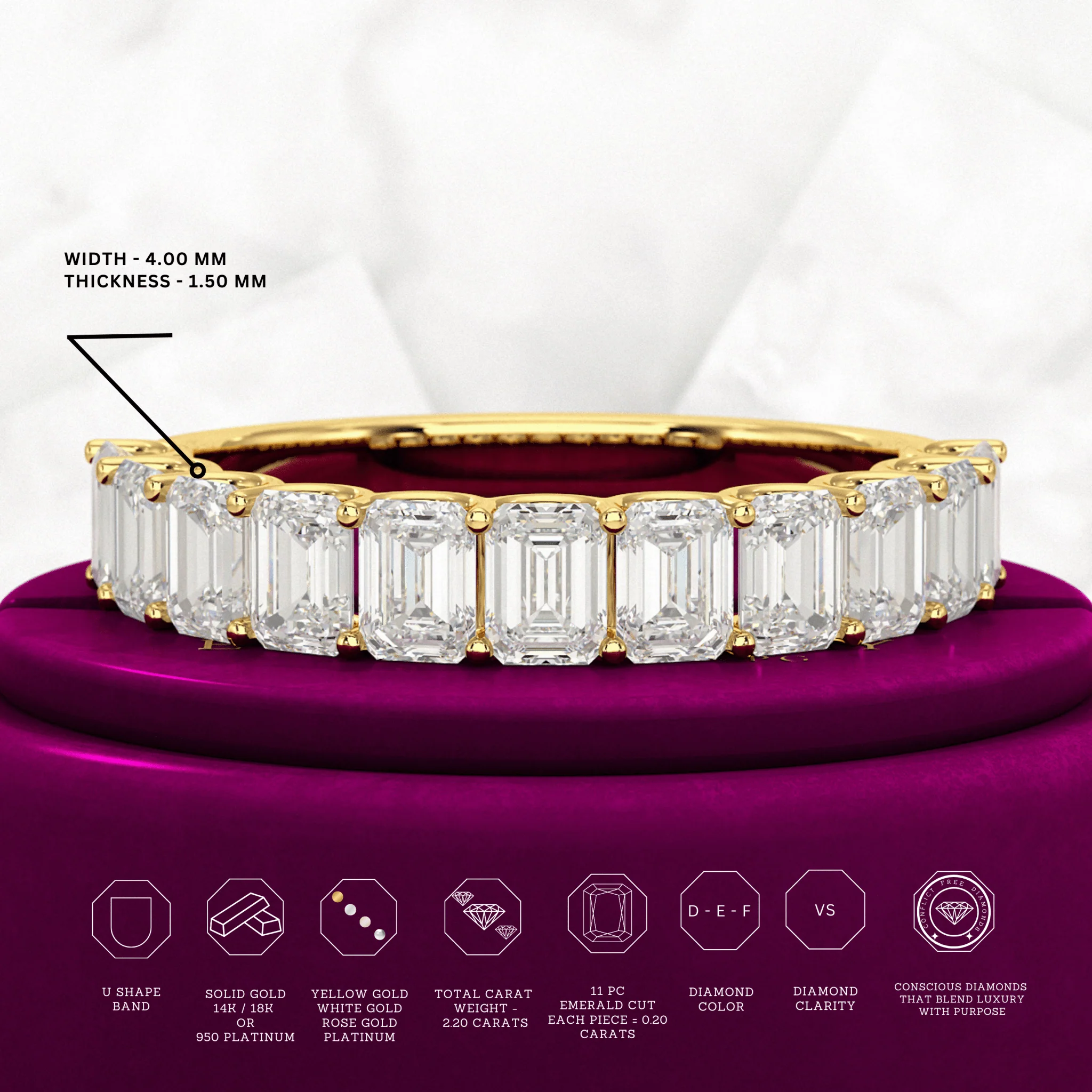 2 Carat Emerald Cut Diamond Narrowed Half Eternity Wedding Band - Image 3