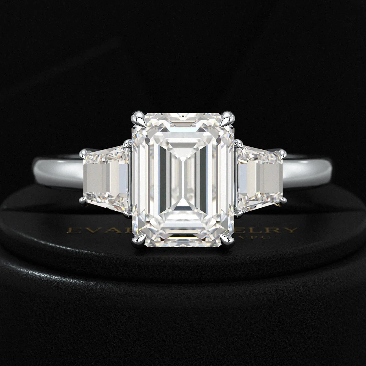 2 Carat Emerald Cut & Trapezoid Three Stone Engagement Ring - Image 10