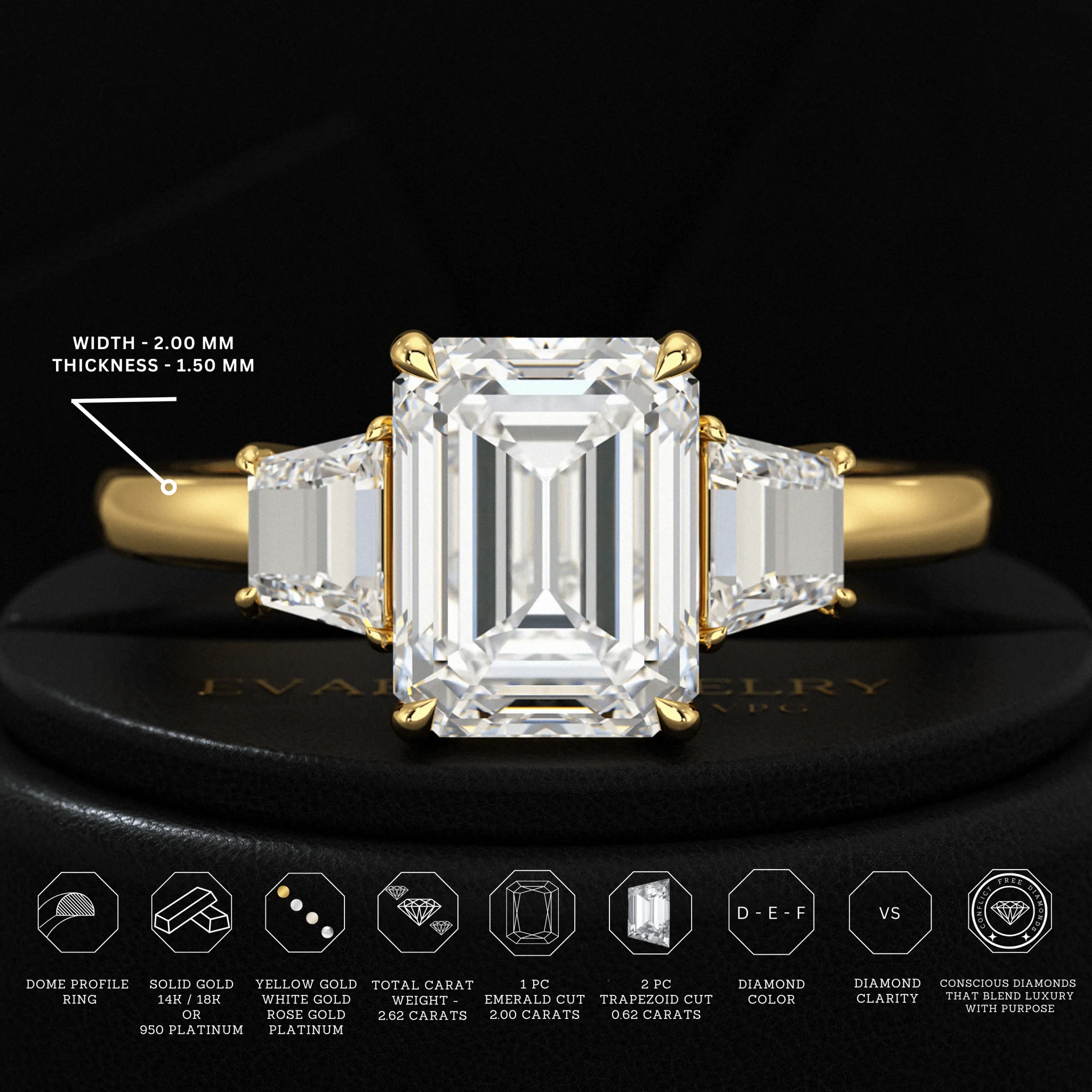 2 Carat Emerald Cut & Trapezoid Three Stone Engagement Ring - Image 3