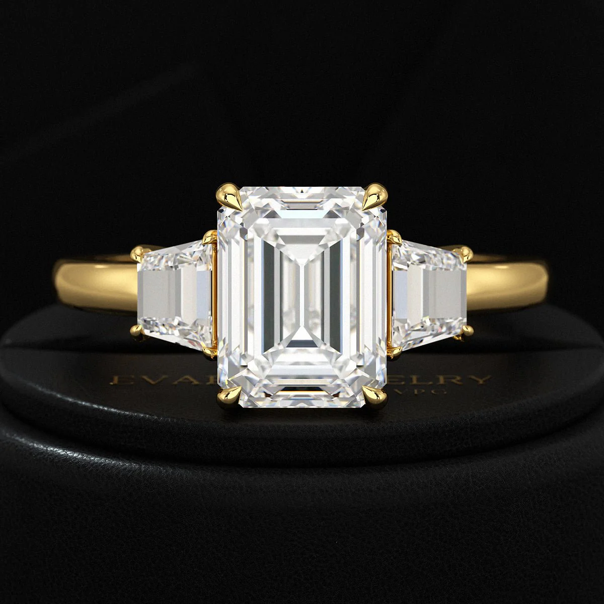 2 Carat Emerald Cut & Trapezoid Three Stone Engagement Ring - Image 4