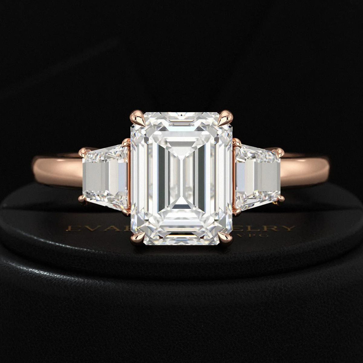 2 Carat Emerald Cut & Trapezoid Three Stone Engagement Ring - Image 7