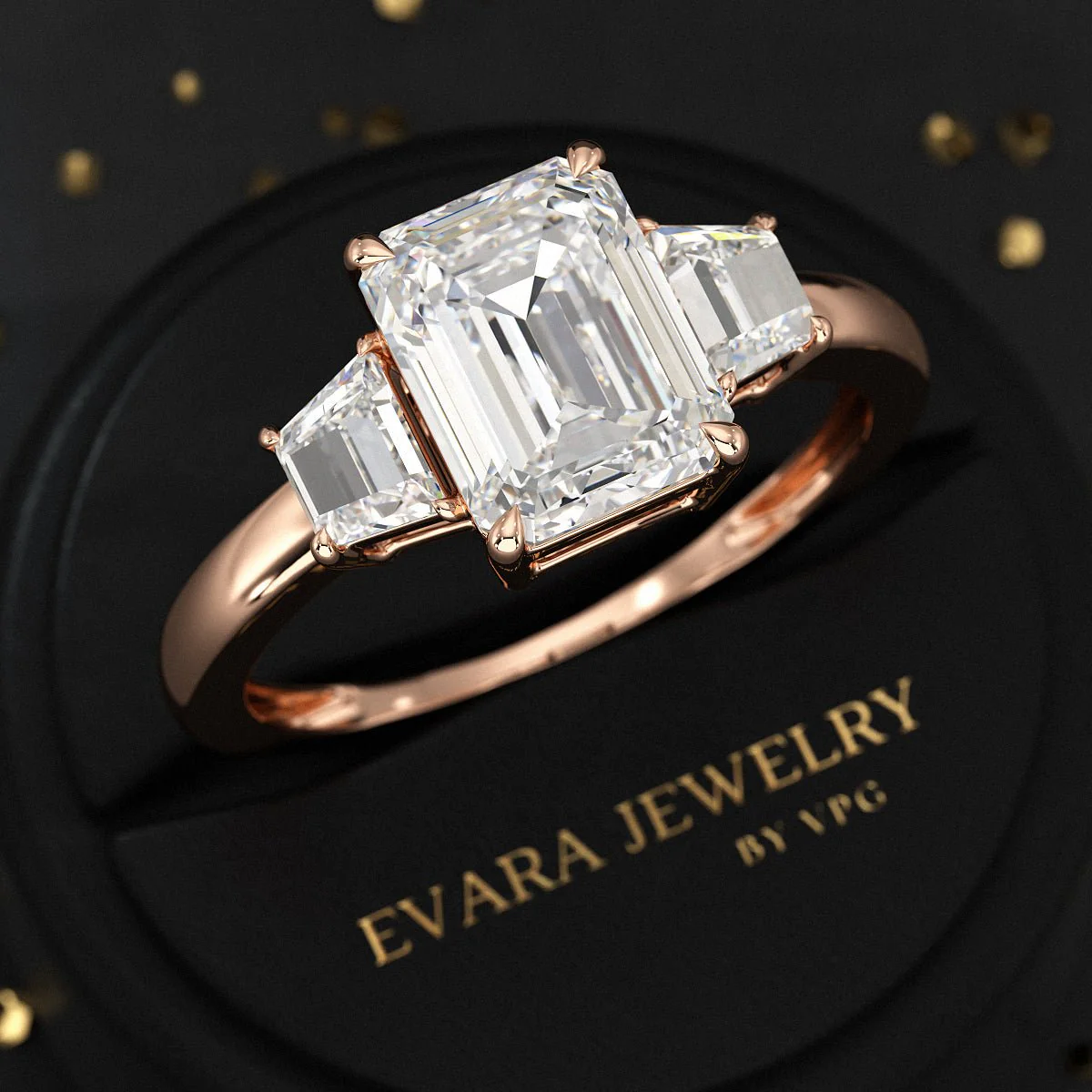 2 Carat Emerald Cut & Trapezoid Three Stone Engagement Ring - Image 8