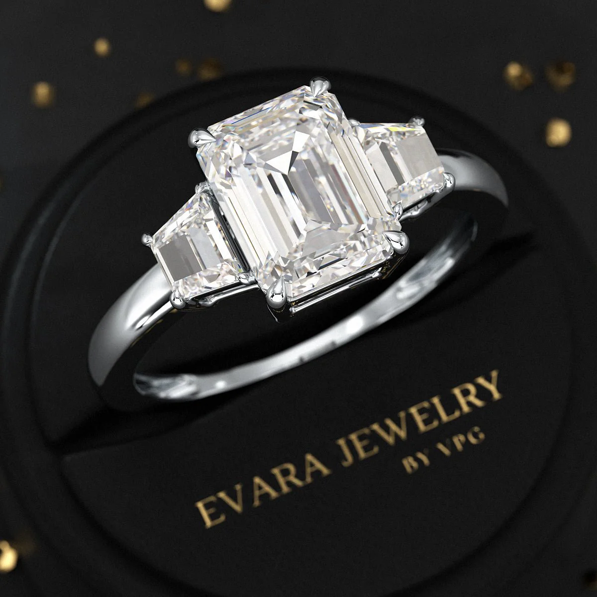 2 Carat Emerald Cut & Trapezoid Three Stone Engagement Ring - Image 9