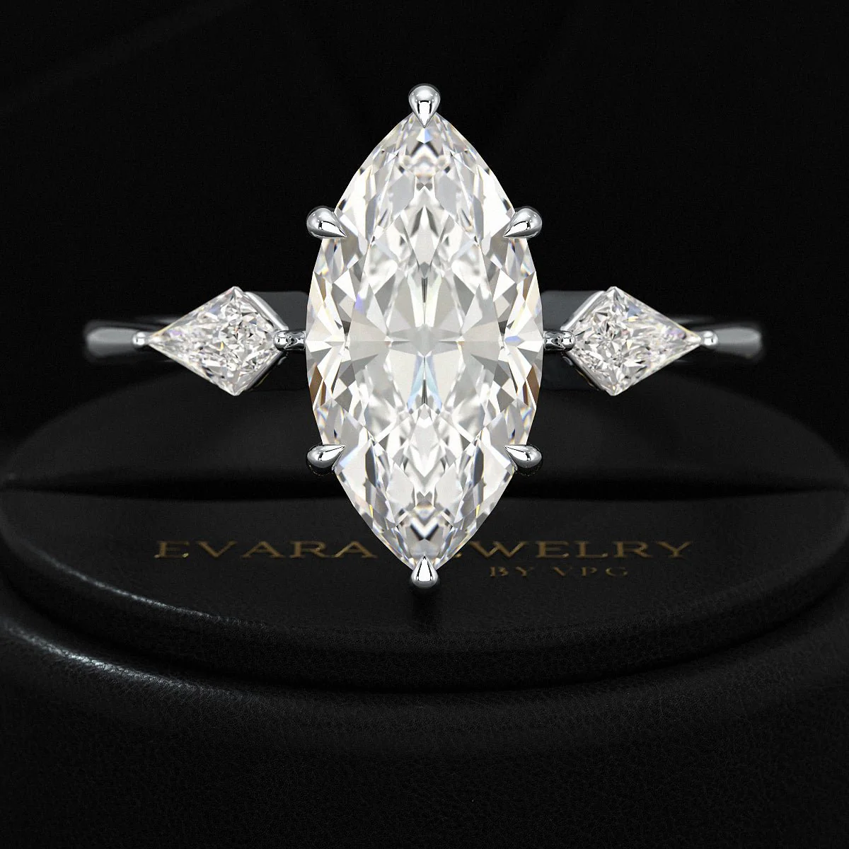 2 Carat Marquise Cut Lab Grown Diamond Three Stone Engagement Ring with Kite Accent Stone - Image 10