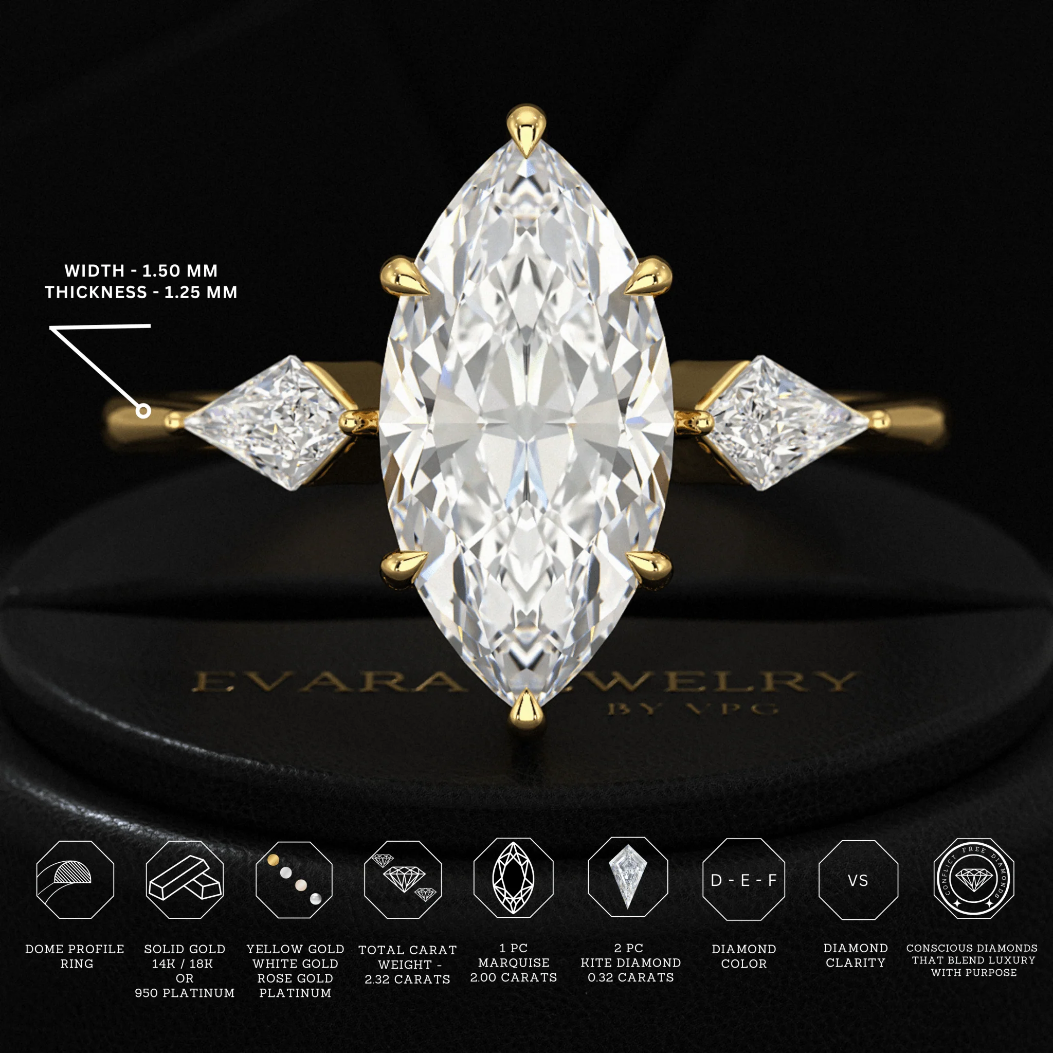 2 Carat Marquise Cut Lab Grown Diamond Three Stone Engagement Ring with Kite Accent Stone - Image 3