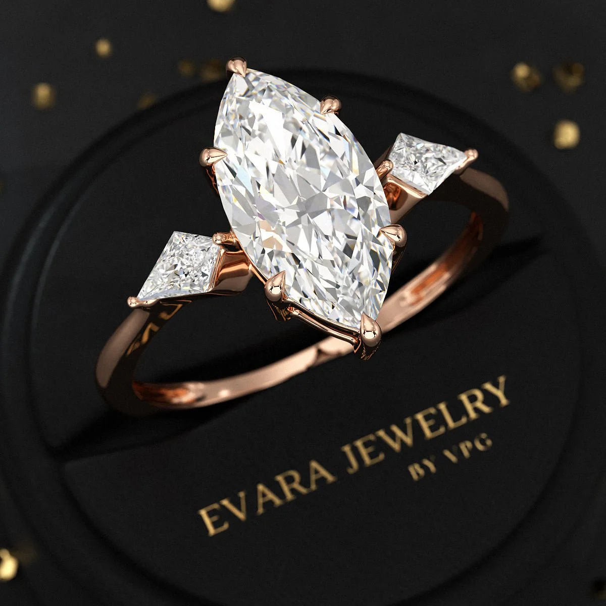 2 Carat Marquise Cut Lab Grown Diamond Three Stone Engagement Ring with Kite Accent Stone - Image 8