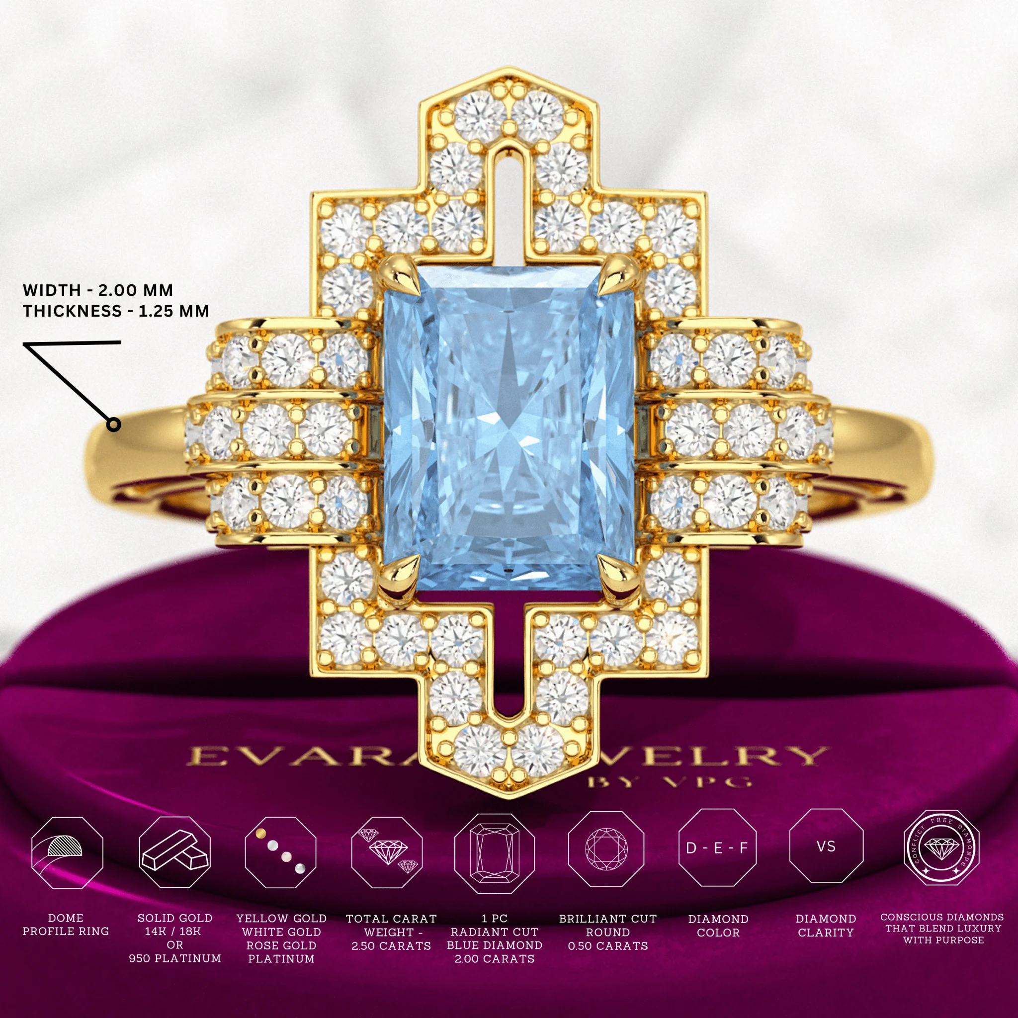 2 Carat Radiant Cut Ice Blue Diamond Art Deco Ring - Image 3