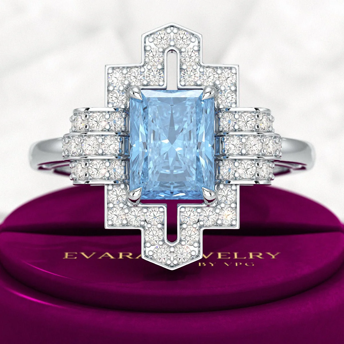 2 Carat Radiant Cut Ice Blue Diamond Art Deco Ring - Image 6