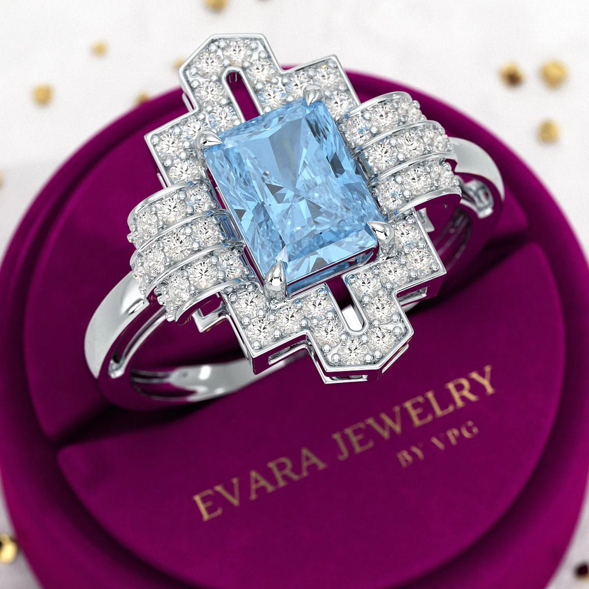 2 Carat Radiant Cut Ice Blue Diamond Art Deco Ring - Image 7