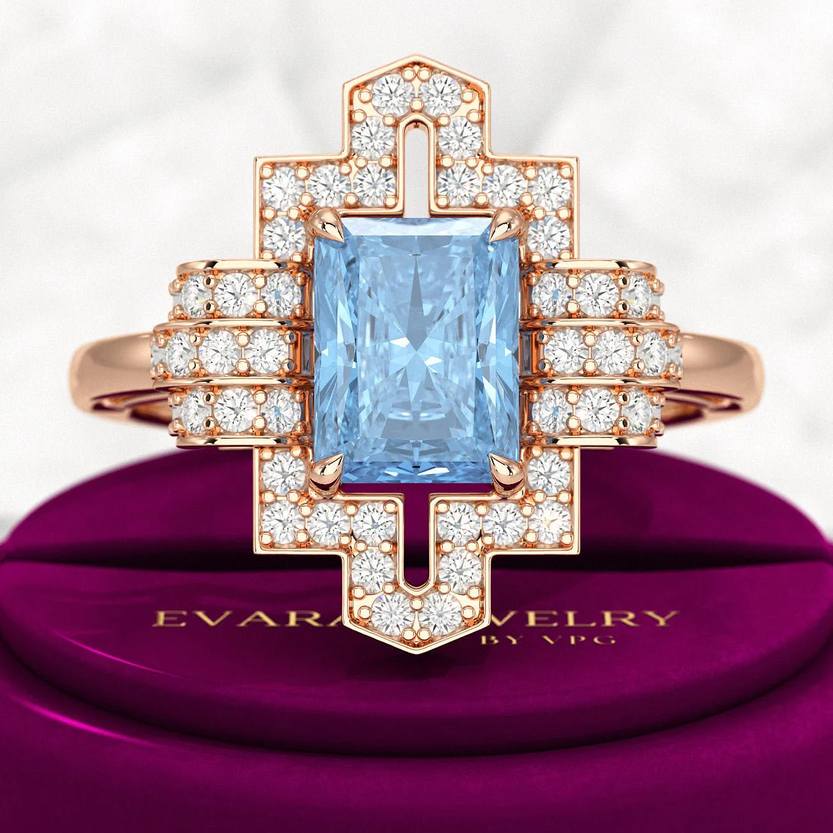 2 Carat Radiant Cut Ice Blue Diamond Art Deco Ring - Image 8