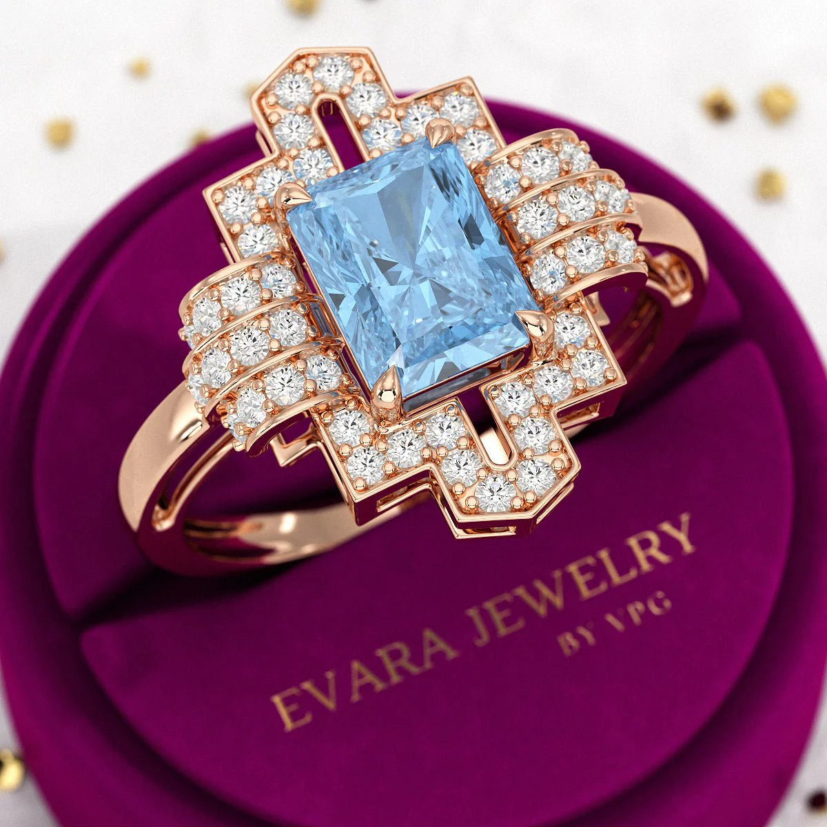 2 Carat Radiant Cut Ice Blue Diamond Art Deco Ring - Image 9