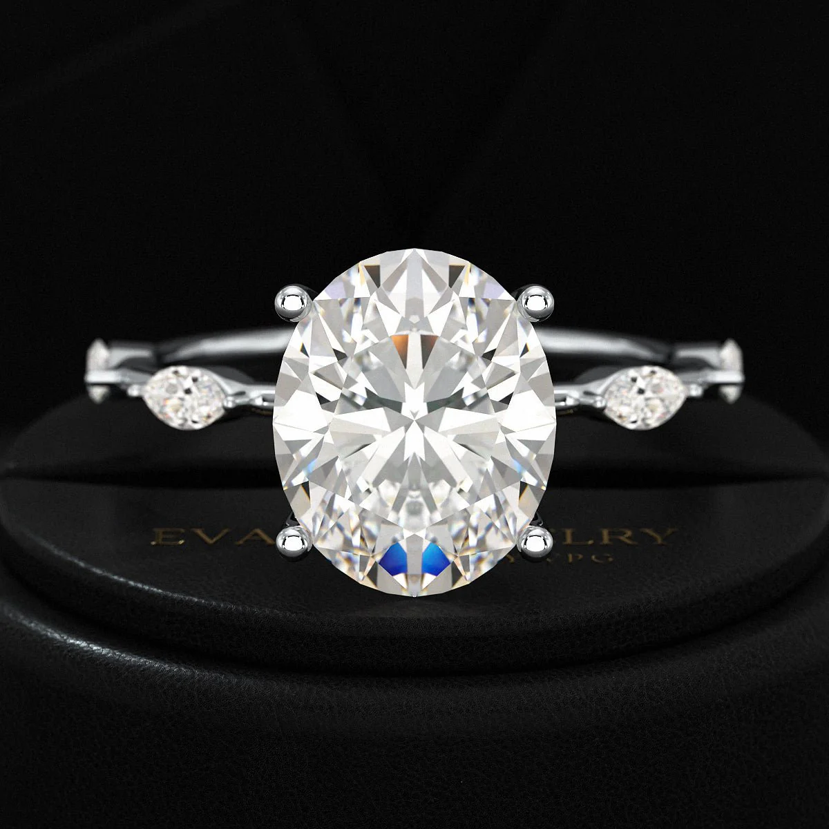 3 Carat Oval Lab Grown Diamond Minimalist Thin Engagement Ring with Marquise Accent Stones - Image 3