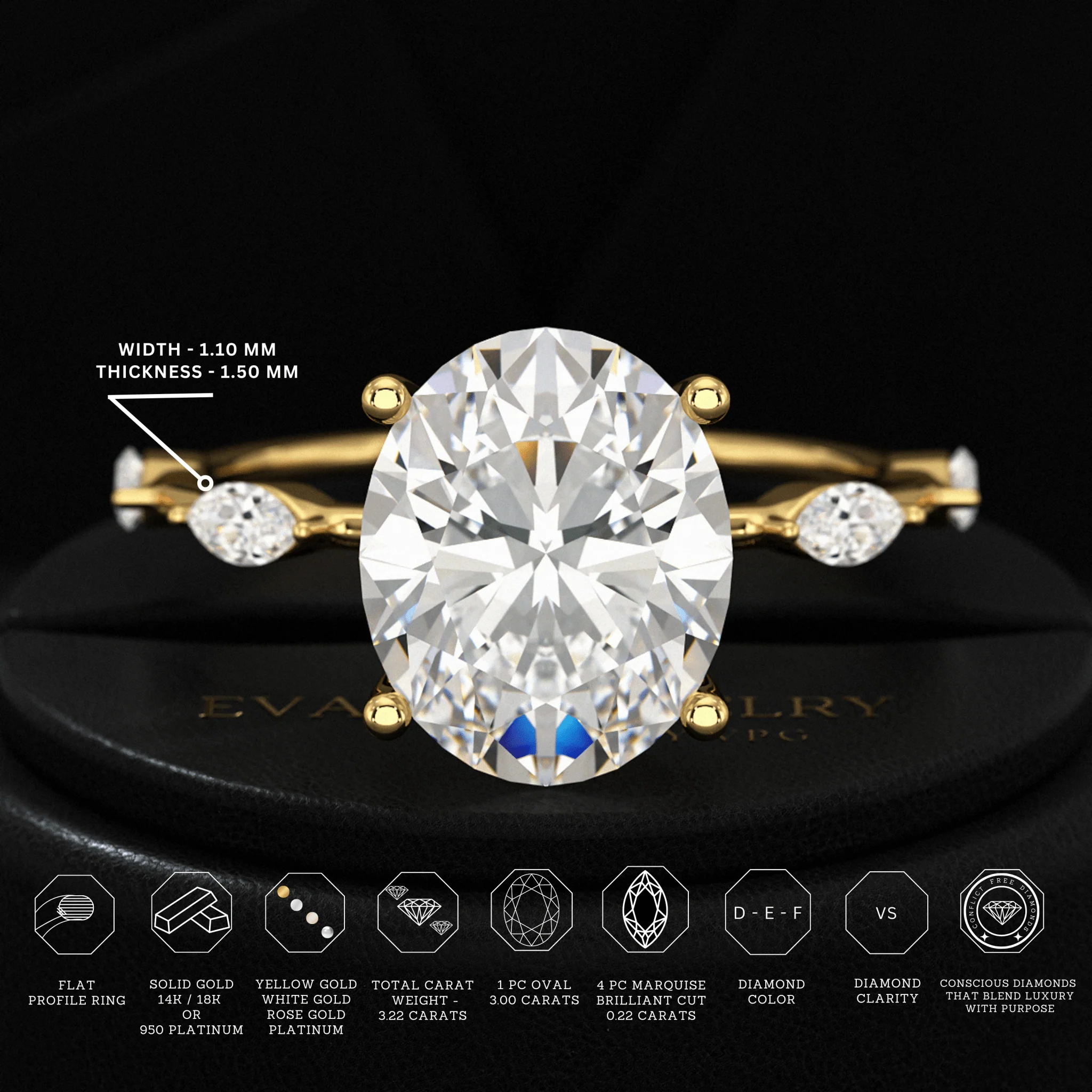 3 Carat Oval Lab Grown Diamond Minimalist Thin Engagement Ring with Marquise Accent Stones - Image 4