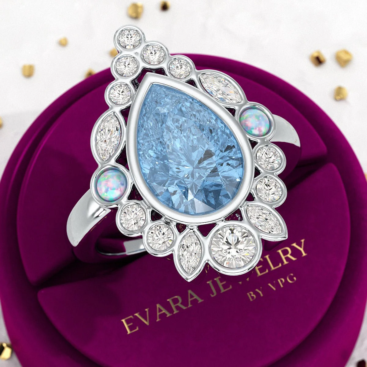 3 Carat Pear Cut Ice Blue Diamond Art Deco Ring with Opal - Image 6