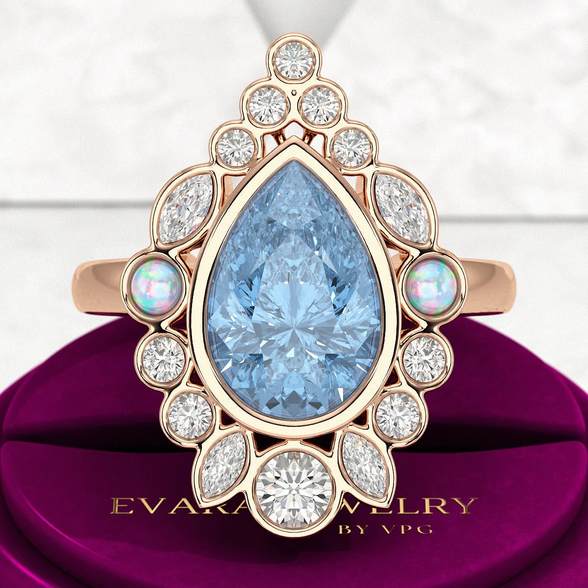 3 Carat Pear Cut Ice Blue Diamond Art Deco Ring with Opal - Image 9