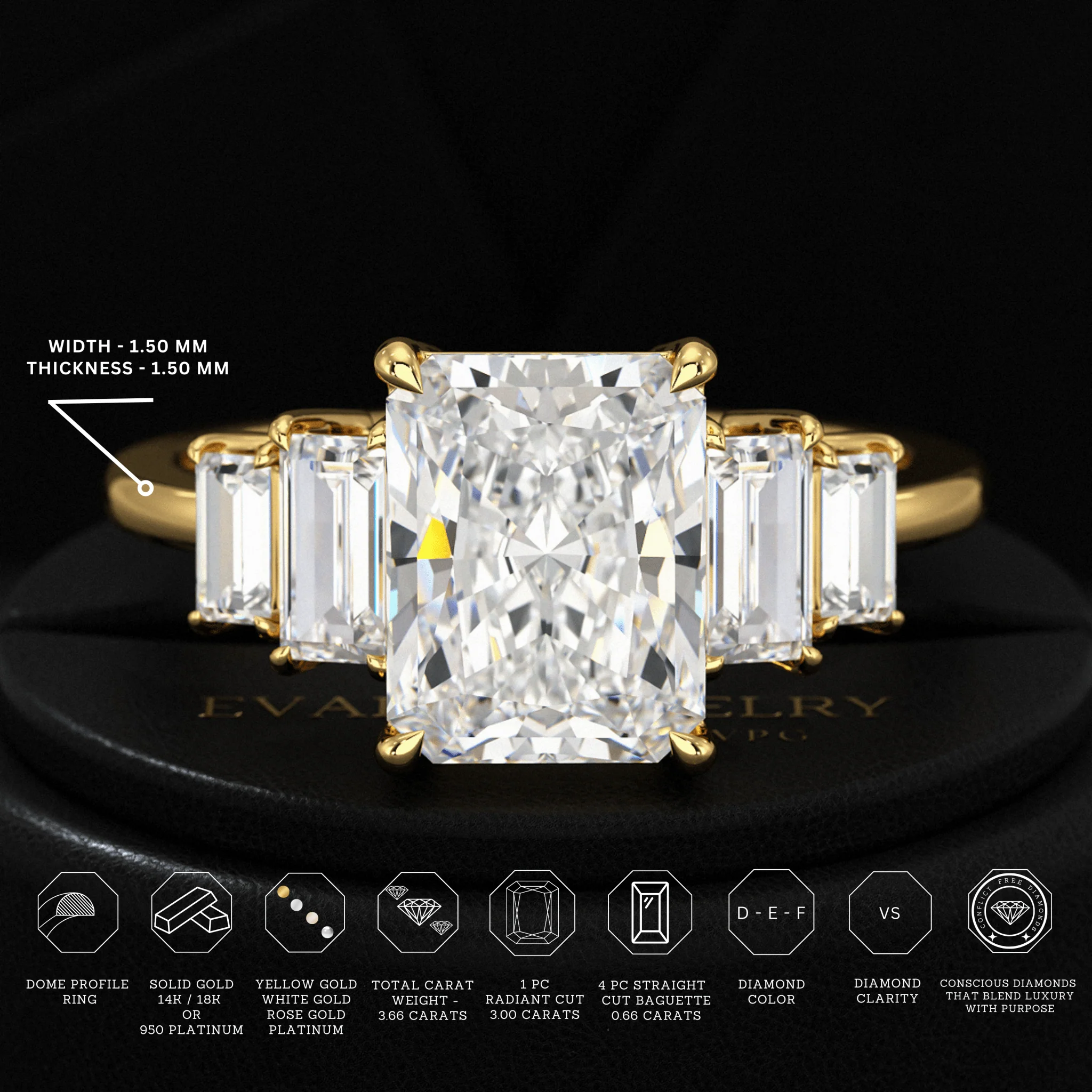 3 Carat Radiant Cut Lab Grown Diamond Art Deco Engagement Ring - Image 3