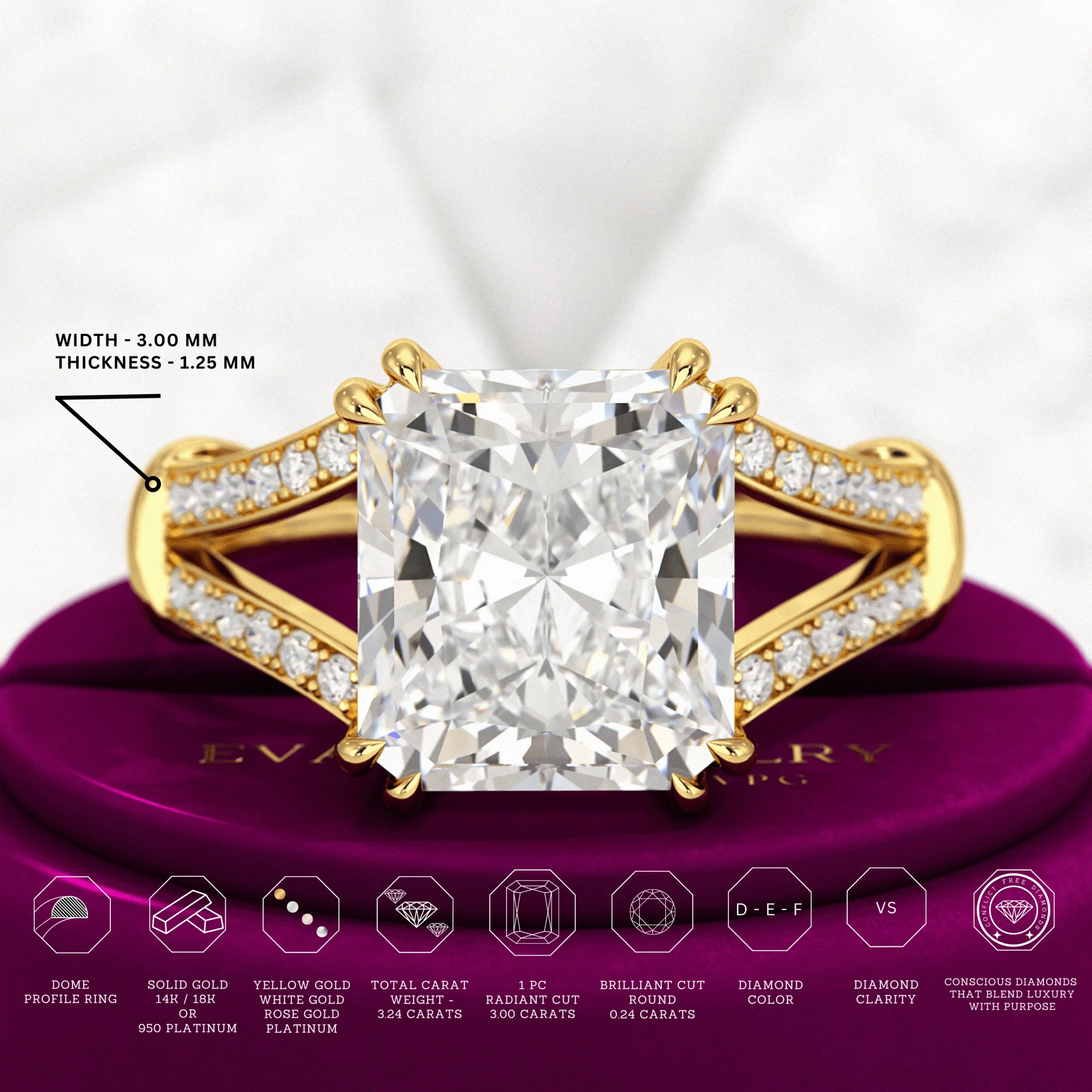 3 Carat Radiant Cut Lab Grown Diamond Split Shank Engagement Ring - Image 3