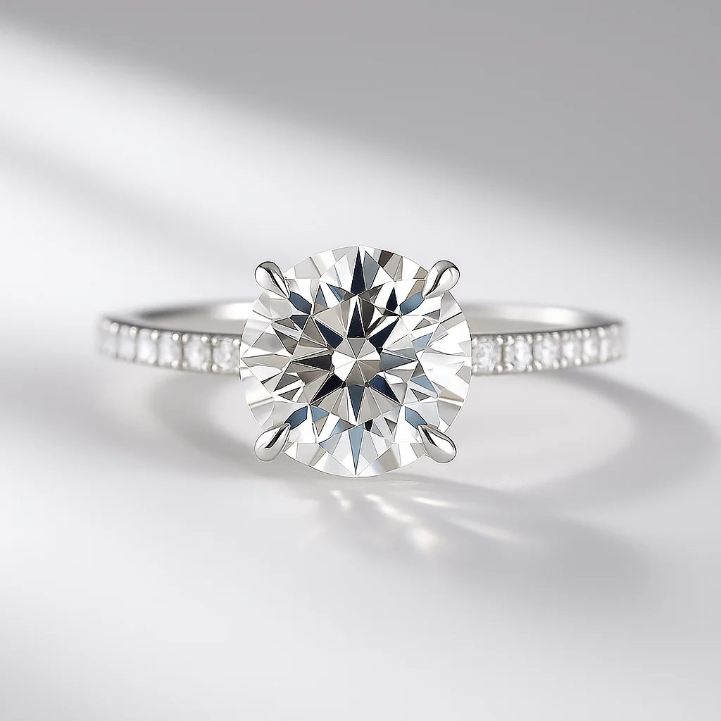 3 Carat Round Cut 4 Prong Engagement Ring with Pave Band - Image 14
