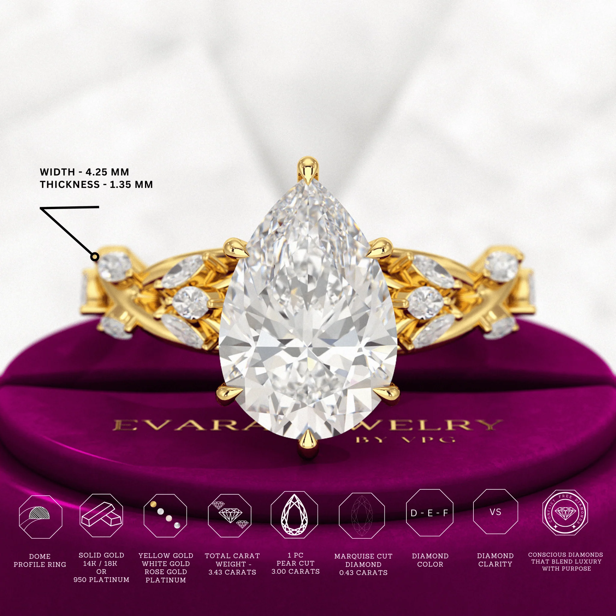 3 Carat Pear Cut Diamond Nature Inspired Art Deco Engagement Ring - Image 3