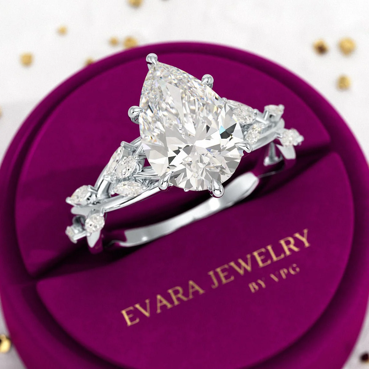 3 Carat Pear Cut Diamond Nature Inspired Art Deco Engagement Ring - Image 7