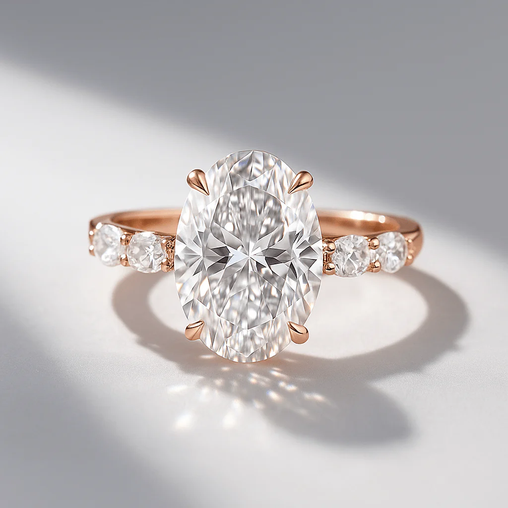 4 Carat Oval Cut Modern Deco Engagement Ring with Oval Cut Side Lab Grown Diamonds - Image 13