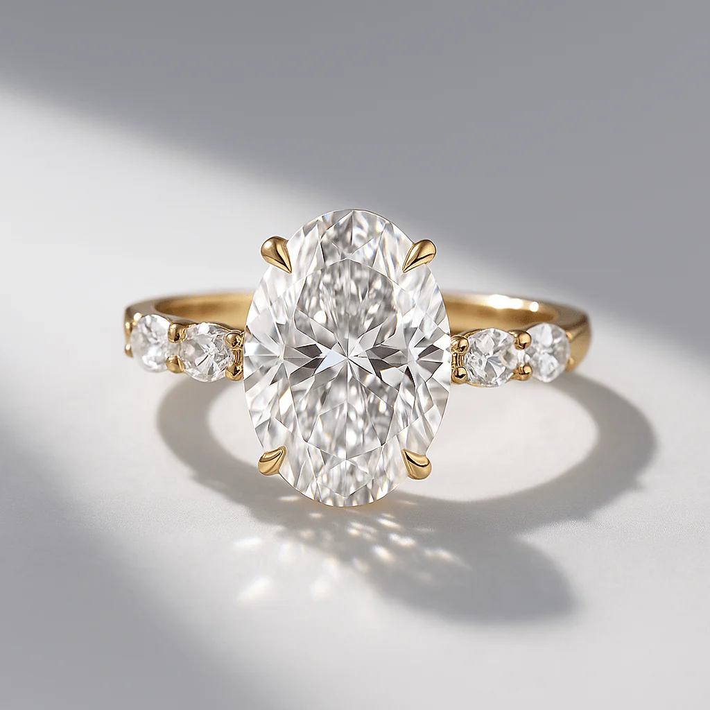 4 Carat Oval Cut Modern Deco Engagement Ring with Oval Cut Side Lab Grown Diamonds - Image 4