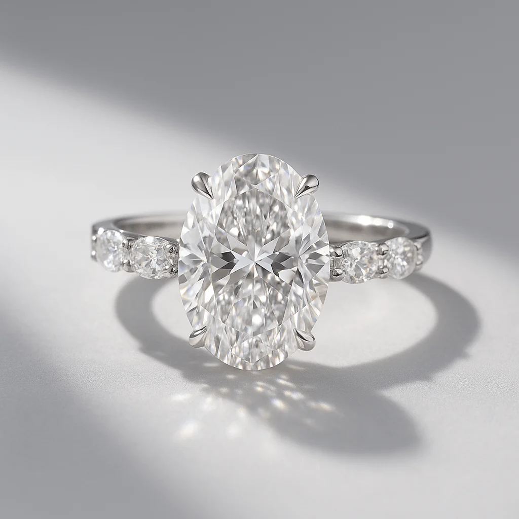 4 Carat Oval Cut Modern Deco Engagement Ring with Oval Cut Side Lab Grown Diamonds - Image 8