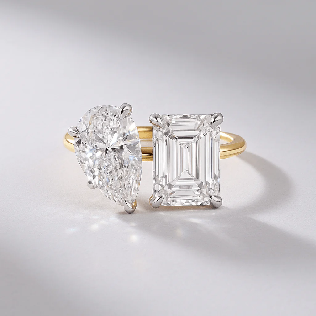 5.50 Carats Pear & Emerald Cut Two Stone Toi Et Moi Wedding Ring - Image 4