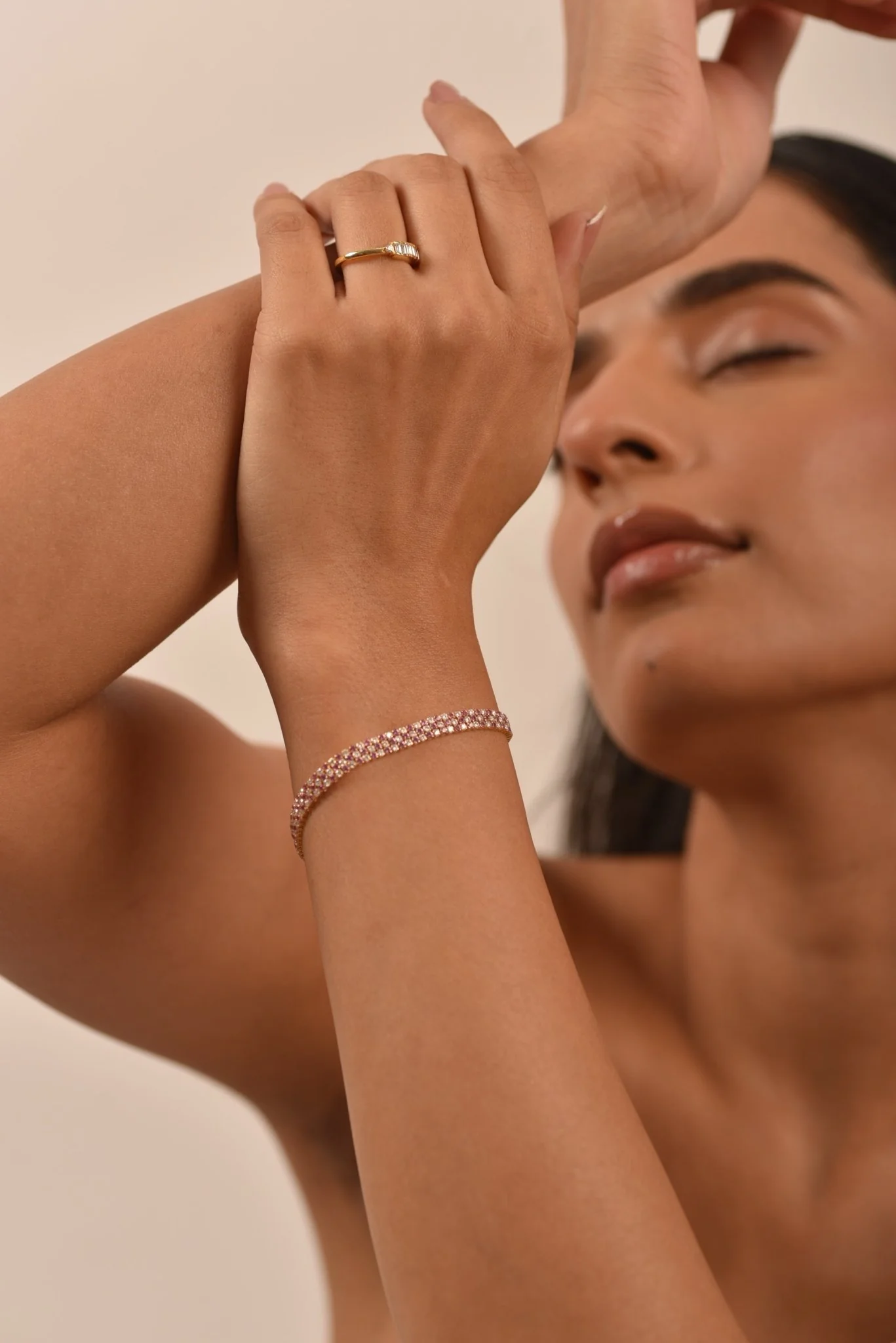 5 Carat Natural Pink Sapphire & Lab Grown Diamond Three Row Alternate Tennis Bracelet - Image 2