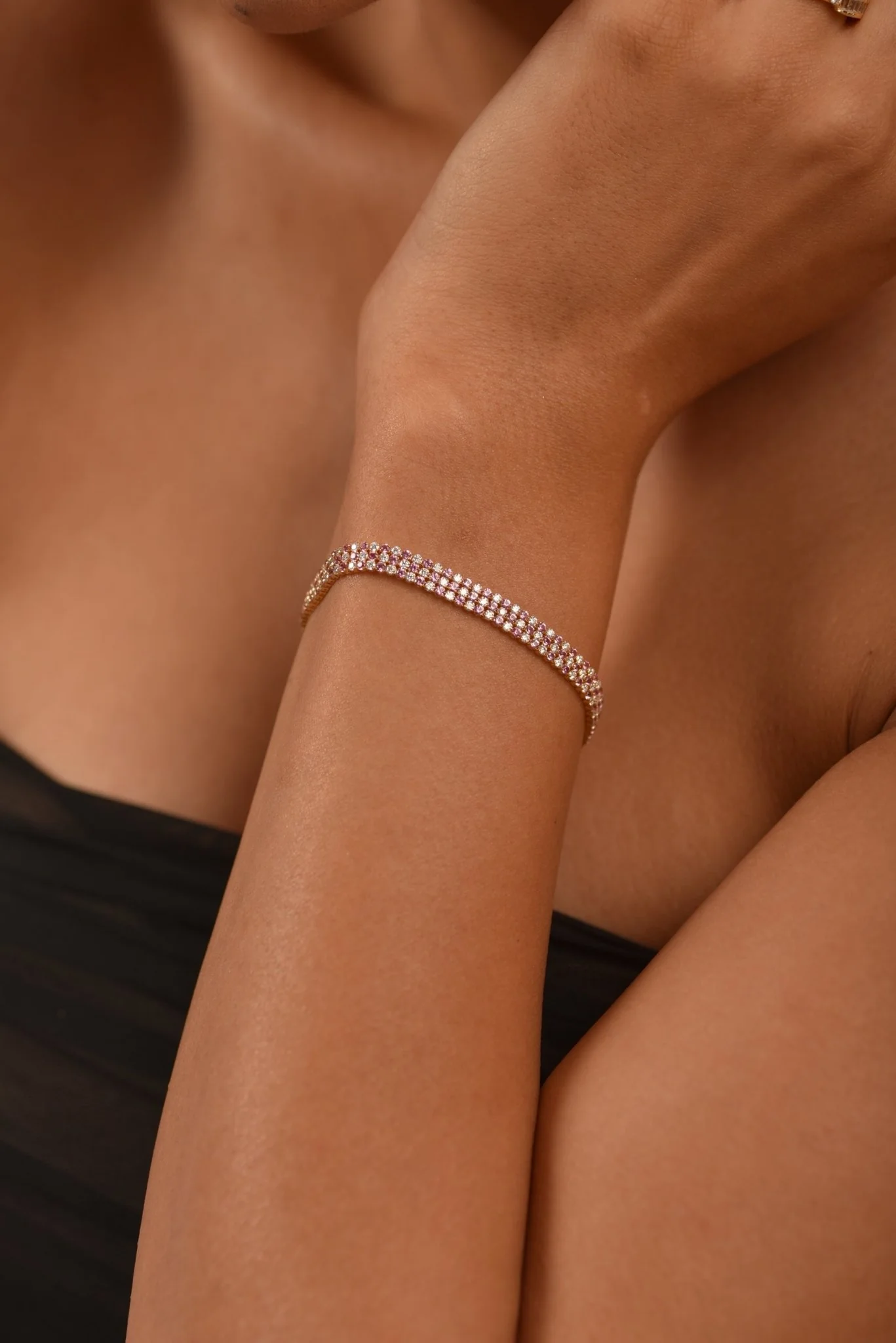5 Carat Natural Pink Sapphire & Lab Grown Diamond Three Row Alternate Tennis Bracelet - Image 7