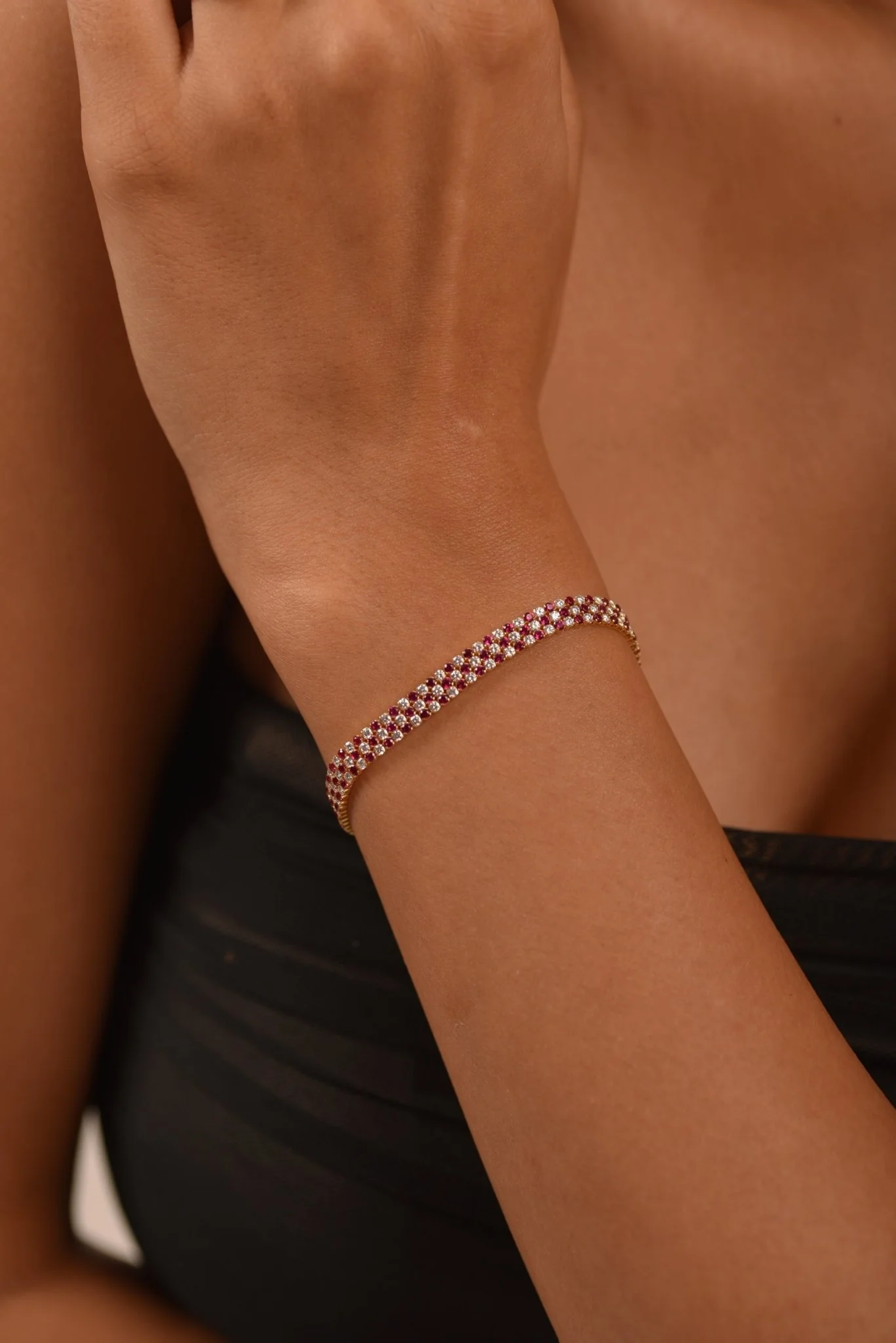 5 Carat Natural Ruby & Diamond Alternate Three Row Tennis Bracelet