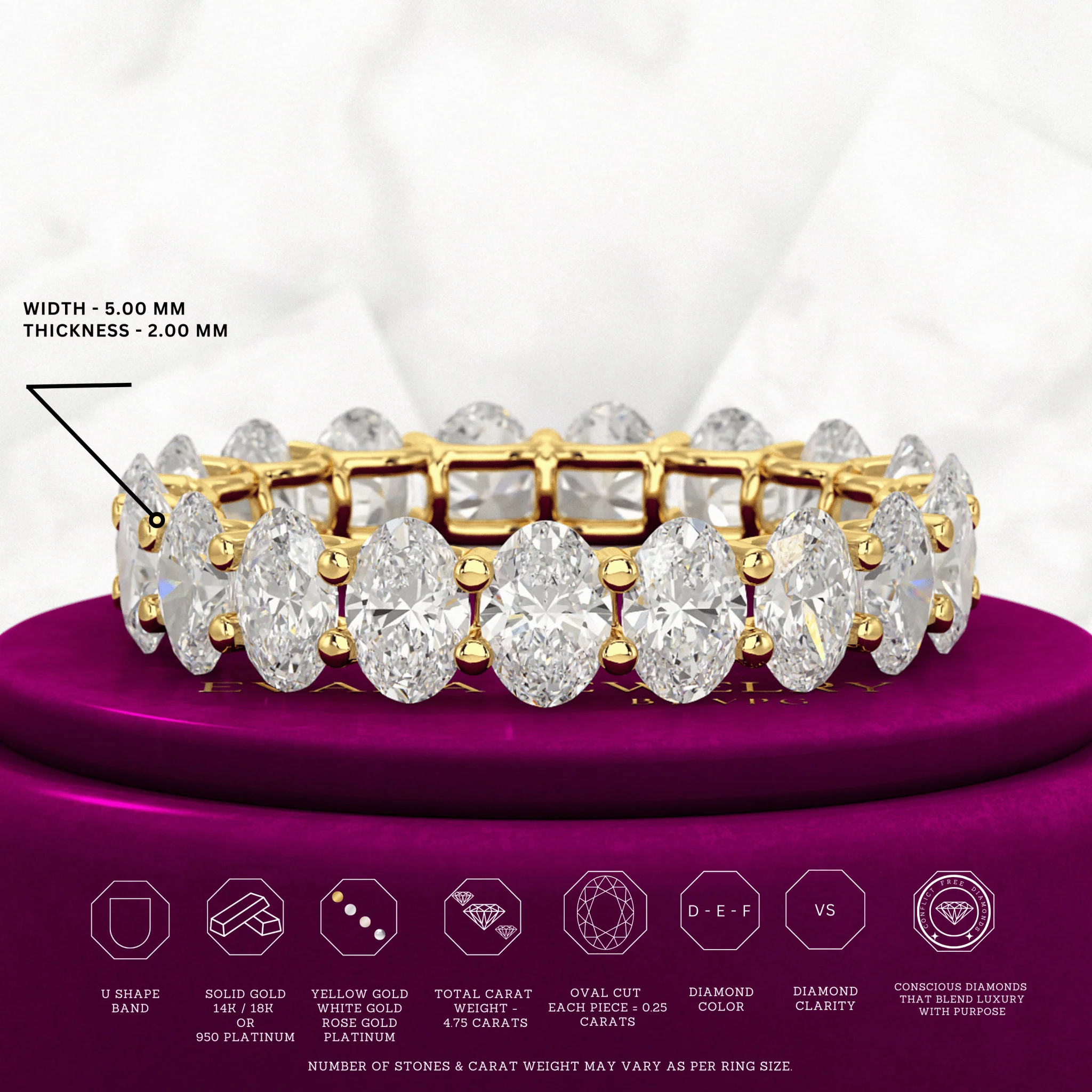 5 Carat Oval Cut Diamond Minimalist Eternity Wedding Band - Image 3