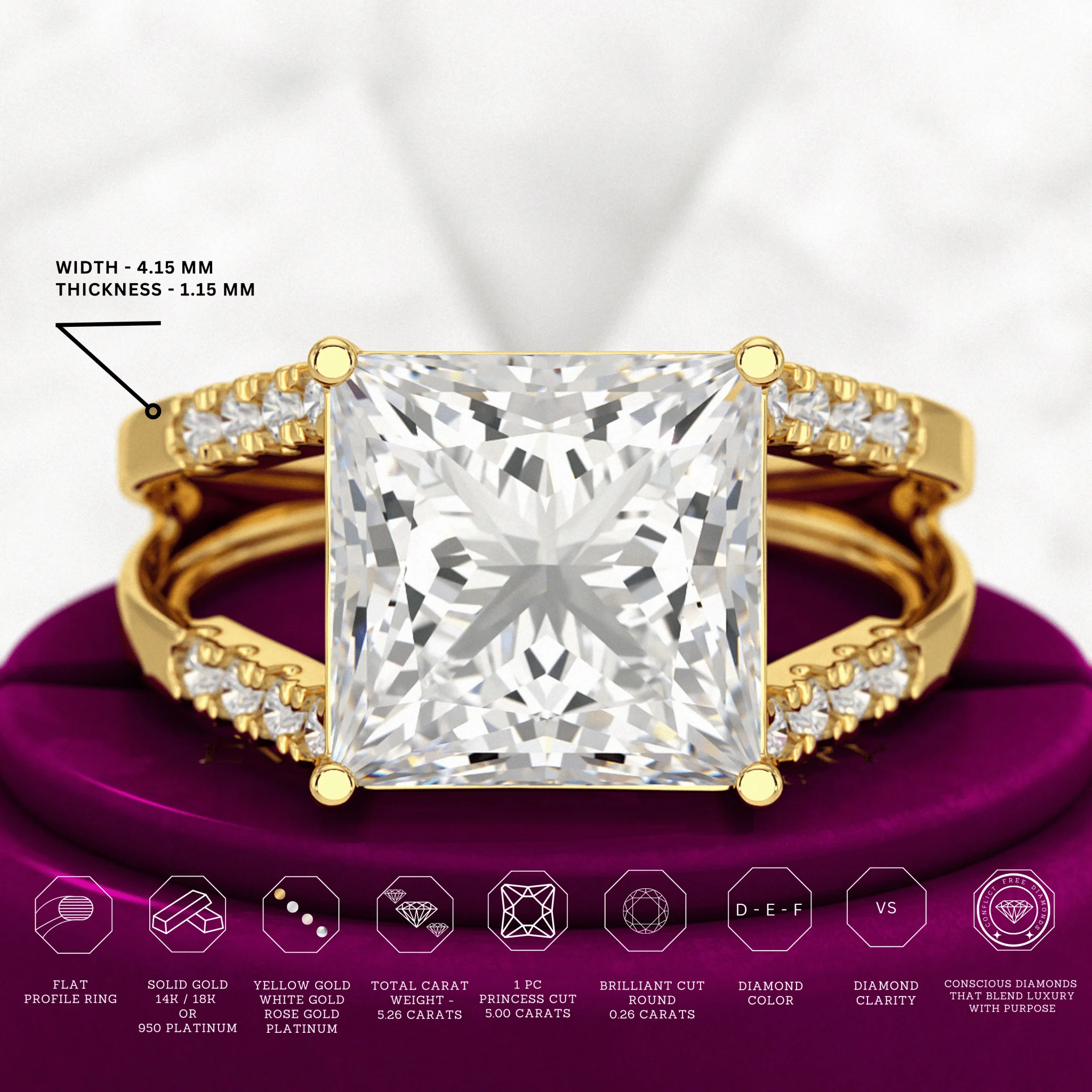 5 Carat Princess Cut Lab Grown Diamond Wedding Ring - Image 3