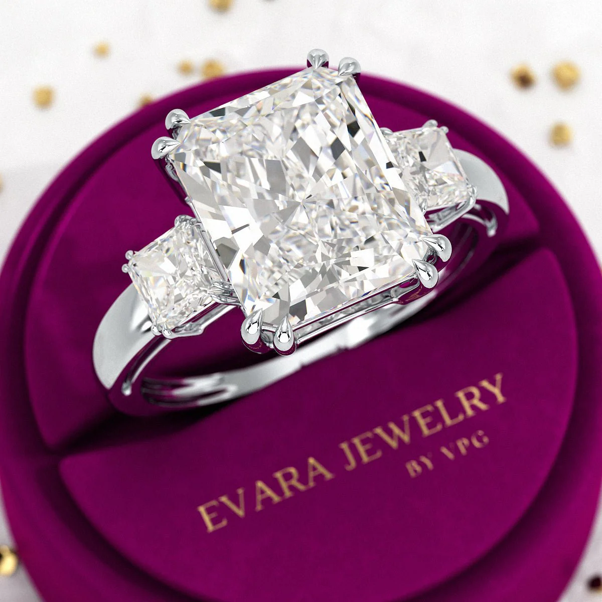 5 Carat Radiant Cut Three Stone Lab Grown Diamond V Prong Engagement Ring - Image 10