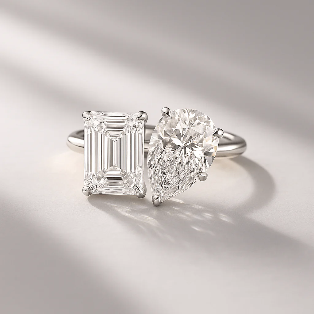 6 Carat Two Tone Pear & Emerald Toi Et Moi Engagement Ring - Image 7