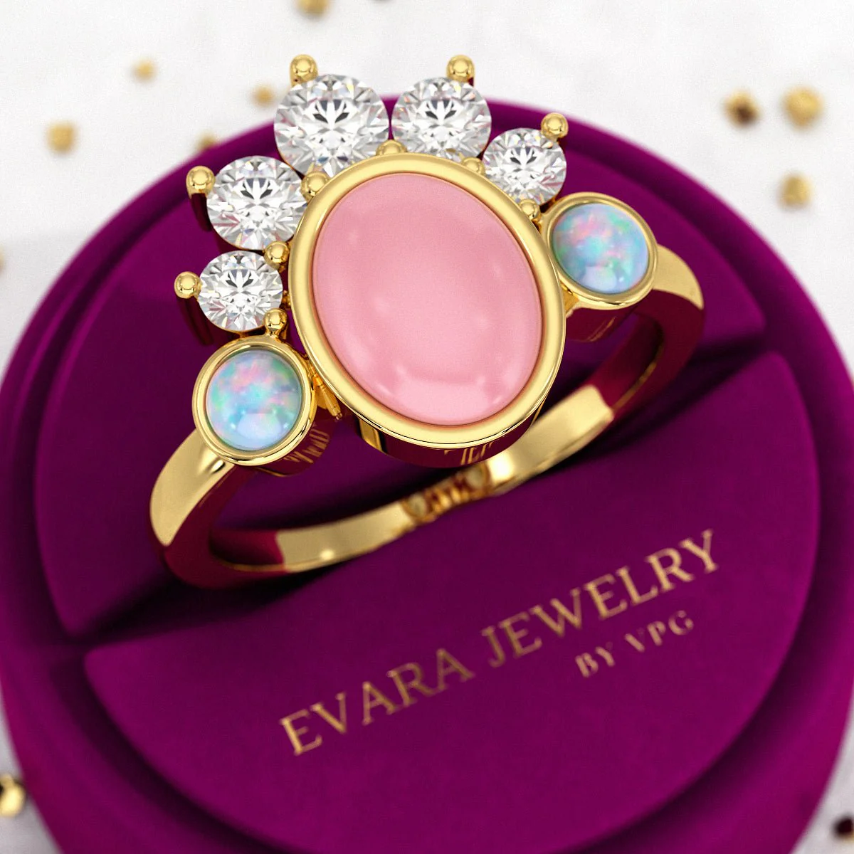 Barbie Theme Pink Opal Multi Stone Art Deco Ring with Fire Opal and Lab Grown Diamonds - Image 10