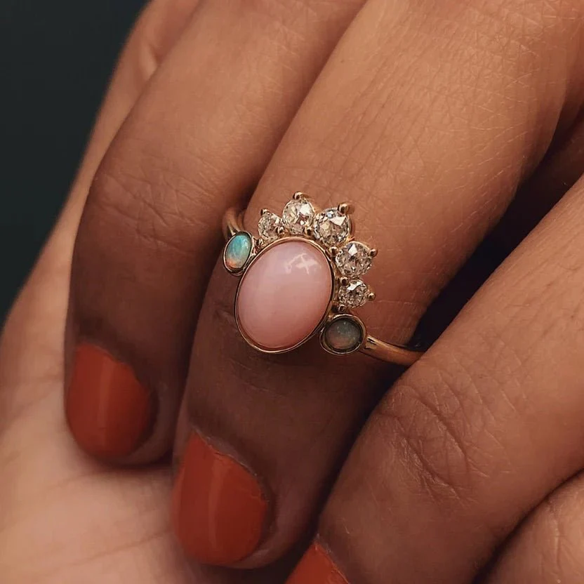 Barbie Theme Pink Opal Multi Stone Art Deco Ring with Fire Opal and Lab Grown Diamonds - Image 4