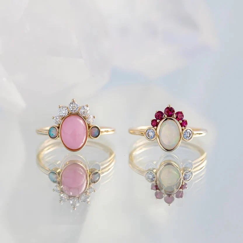 Barbie Theme Pink Opal Multi Stone Art Deco Ring with Fire Opal and Lab Grown Diamonds - Image 5